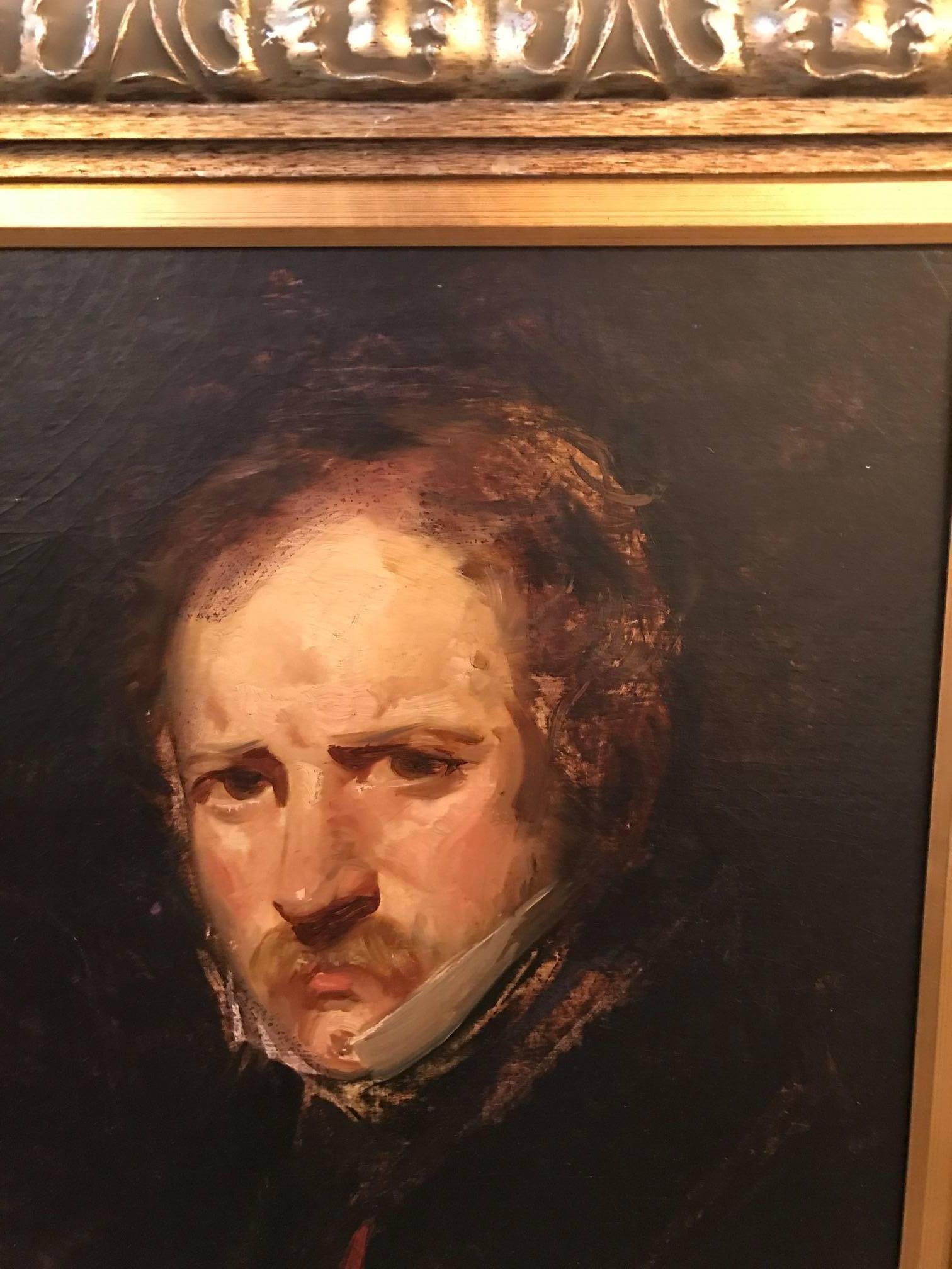 Oil on canvas portrait of a gentleman. The painting is later 19th century, the carved wood frame is more recent. The frame is a silver gilt with a gold gilt liner, very nice contrast to a quality frame. Measurement unframed is 19 inches high, 15