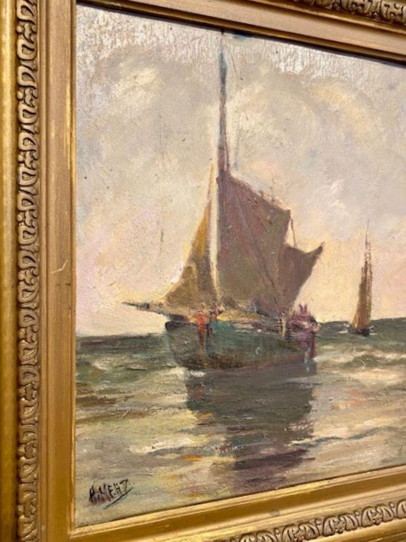 Late 19th century Impressionist Seascape, signed H Mehz, circa 1880s, an oil on panel seascape with a bow view of a schooner dropping its sails, presumably approaching its mooring, with another schooner visible in background, signed somewhat