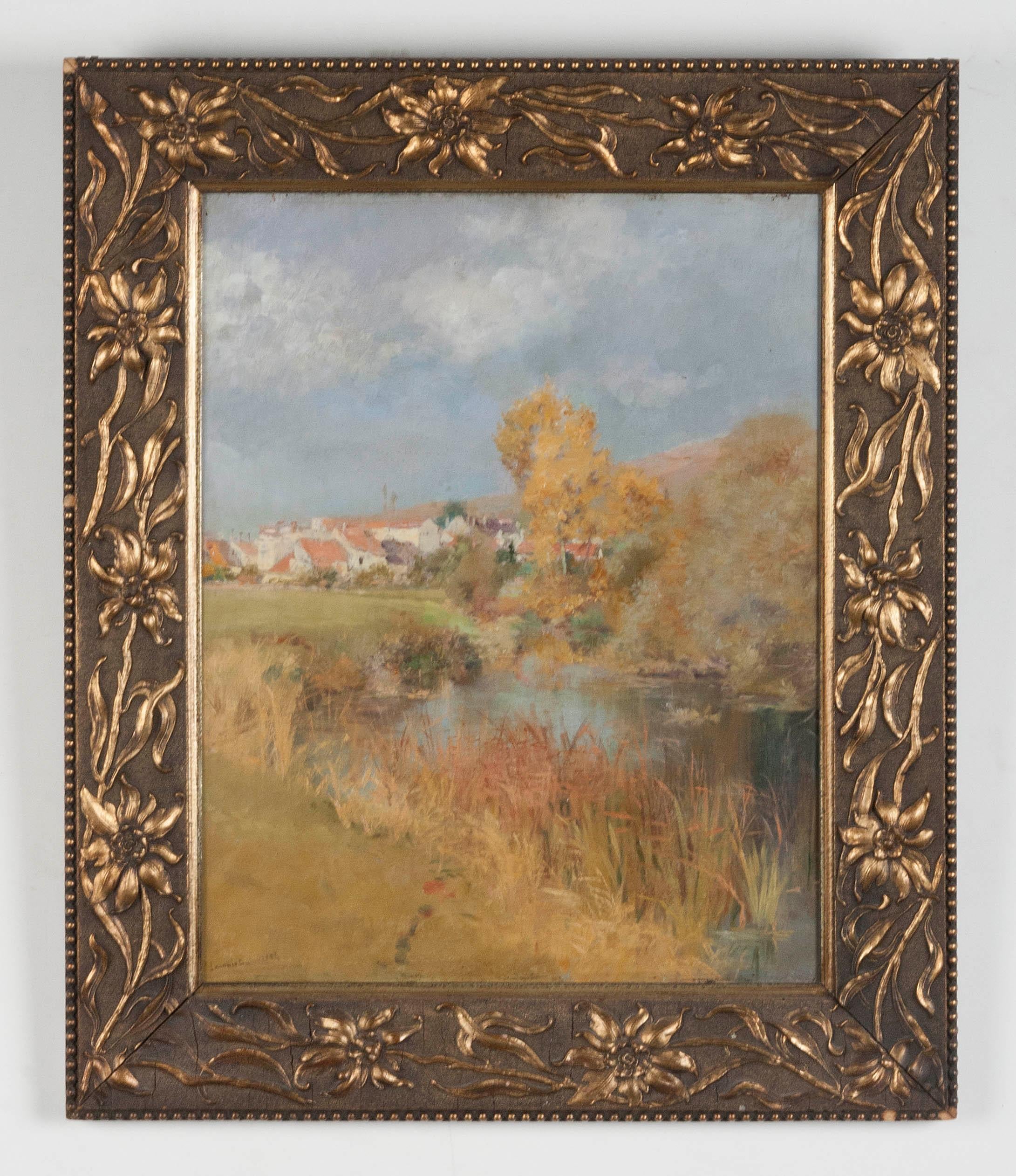 Impressionist painting by the Swiss painter Jeanniot. It is oil on a mahogany panel, the painting is signed in the lower left and dated 1884.
On the back is a label, presumably stuck on it by a previous owner, with information about the