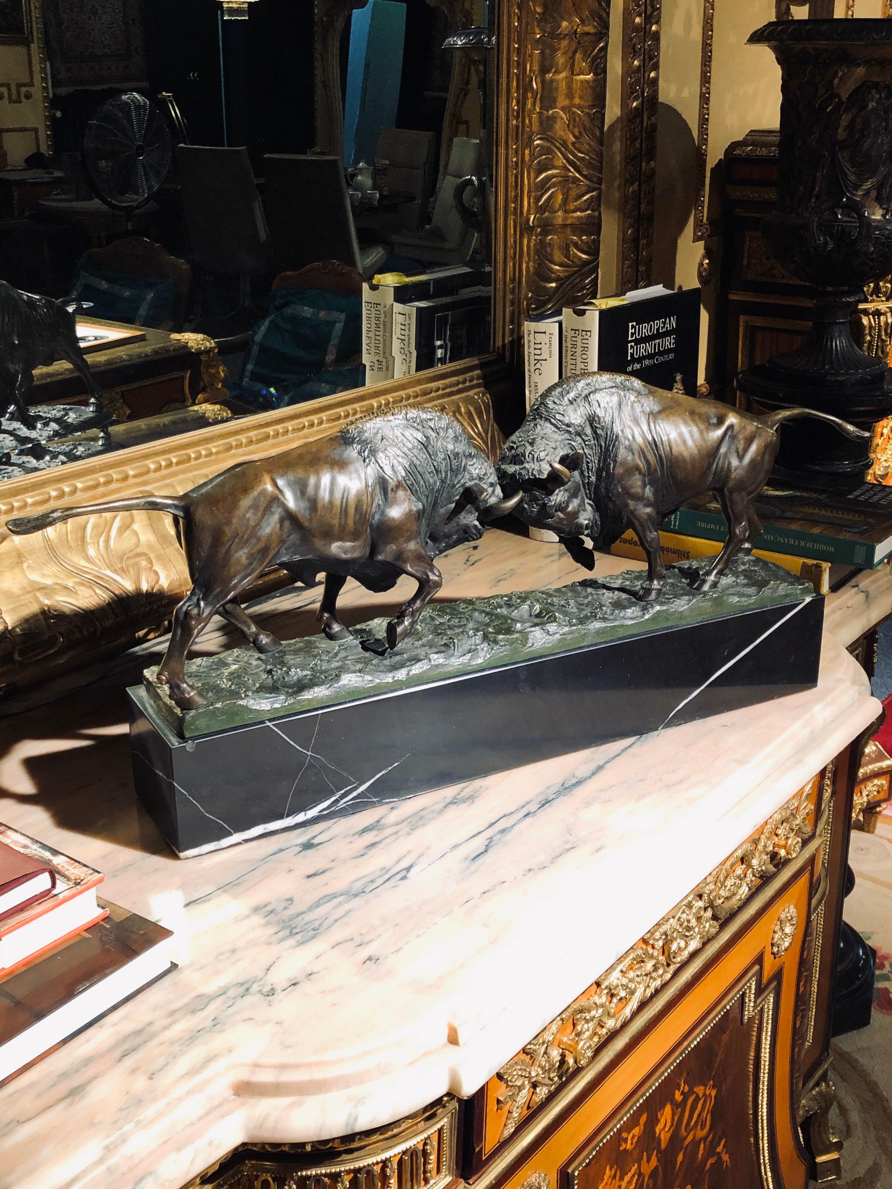 Hand-Crafted 19th Century impressive bronze slave of Two fighting bisons , P. Jensen