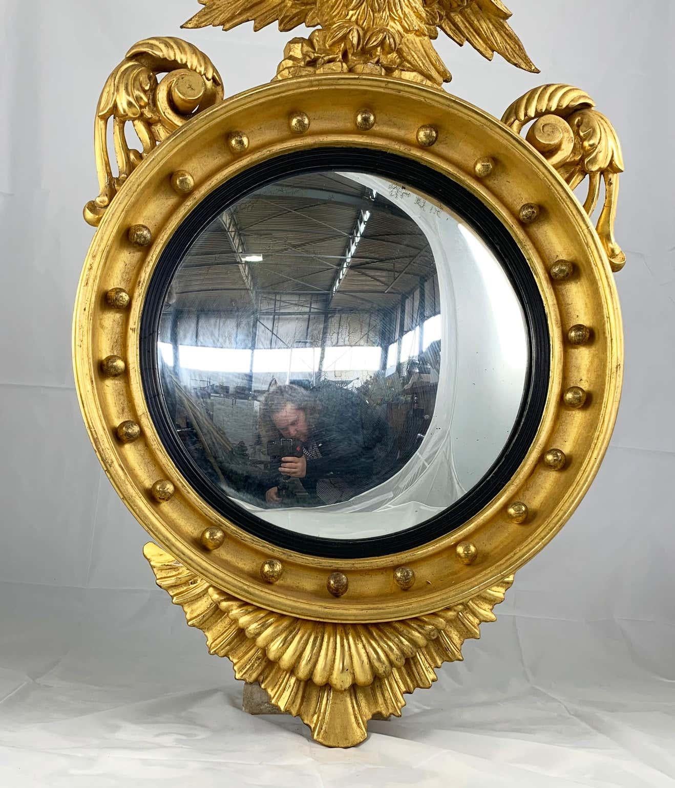 19th Century Impressive Regency Giltwood Carved Convex Wall Mirror For Sale 5