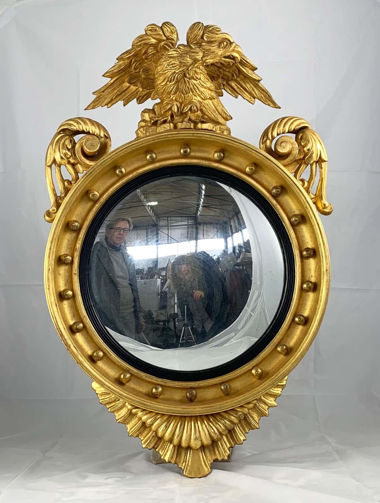 19th Century Impressive Regency Giltwood Carved Convex Wall Mirror For Sale 6