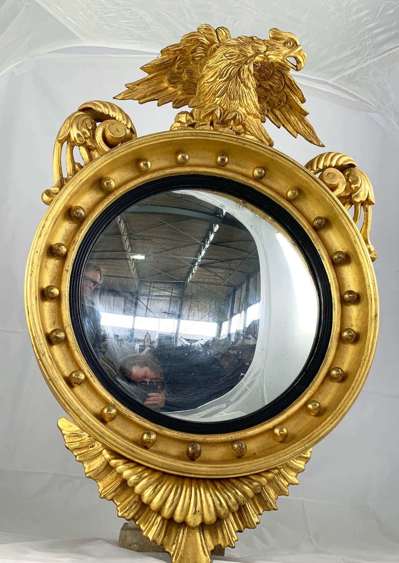 19th Century Impressive Regency Giltwood Carved Convex Wall Mirror For Sale 7