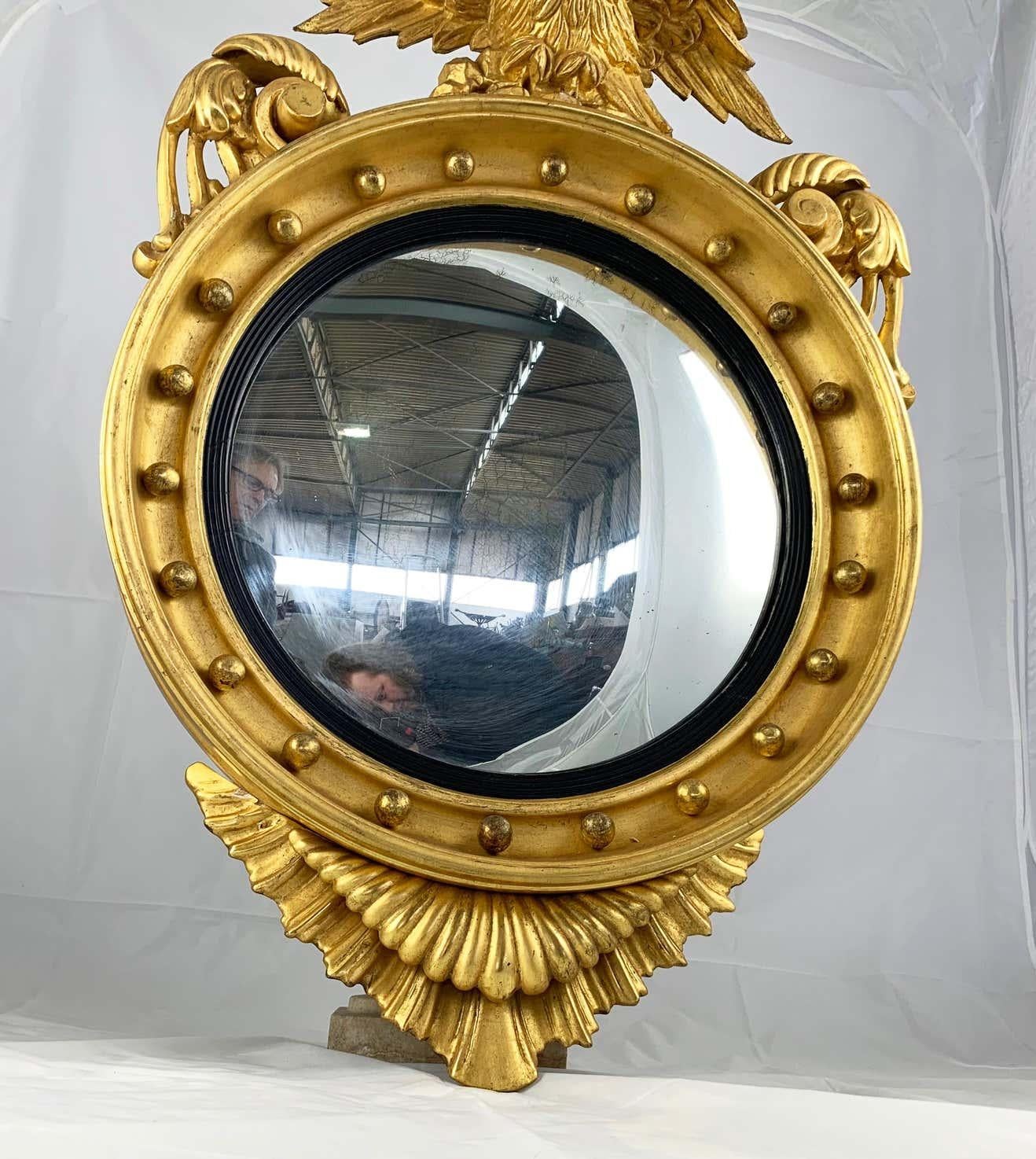 19th Century Impressive Regency Giltwood Carved Convex Wall Mirror For Sale 8