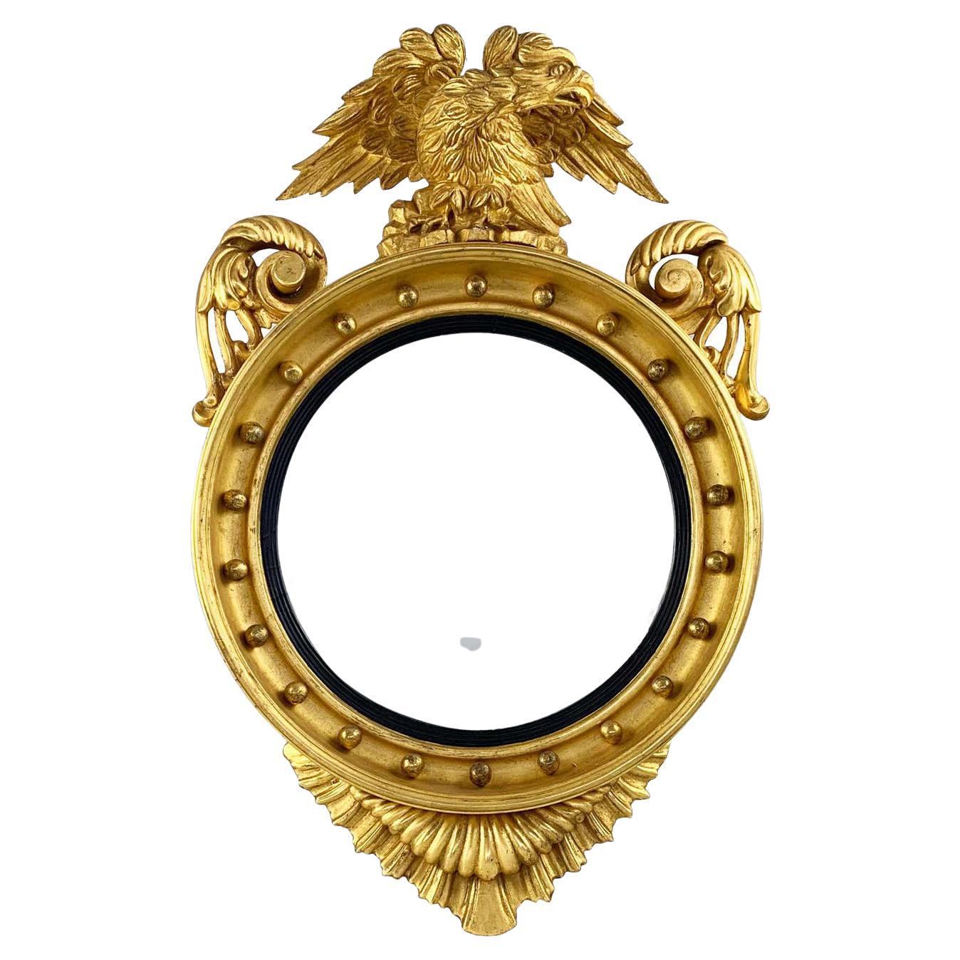 19th Century Impressive Regency Giltwood Carved Convex Wall Mirror