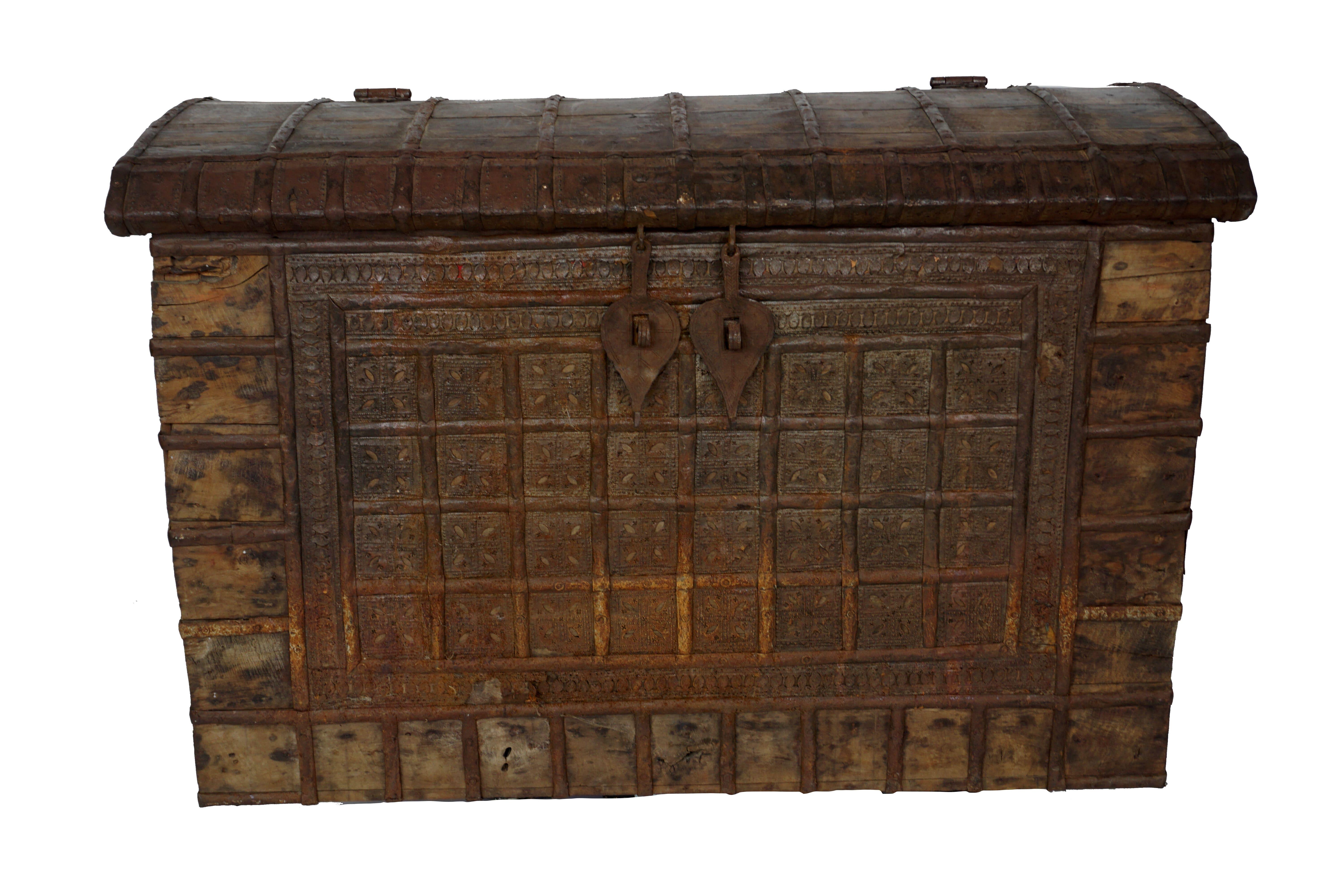Beautiful 19th century, Anglo-Indian solid teak trunk with original iron bindings.
It has a hinged top with two iron hasps that would have been pinned close with an iron or steel pin. The whole is raised on four square feet. 
This iron-bound box