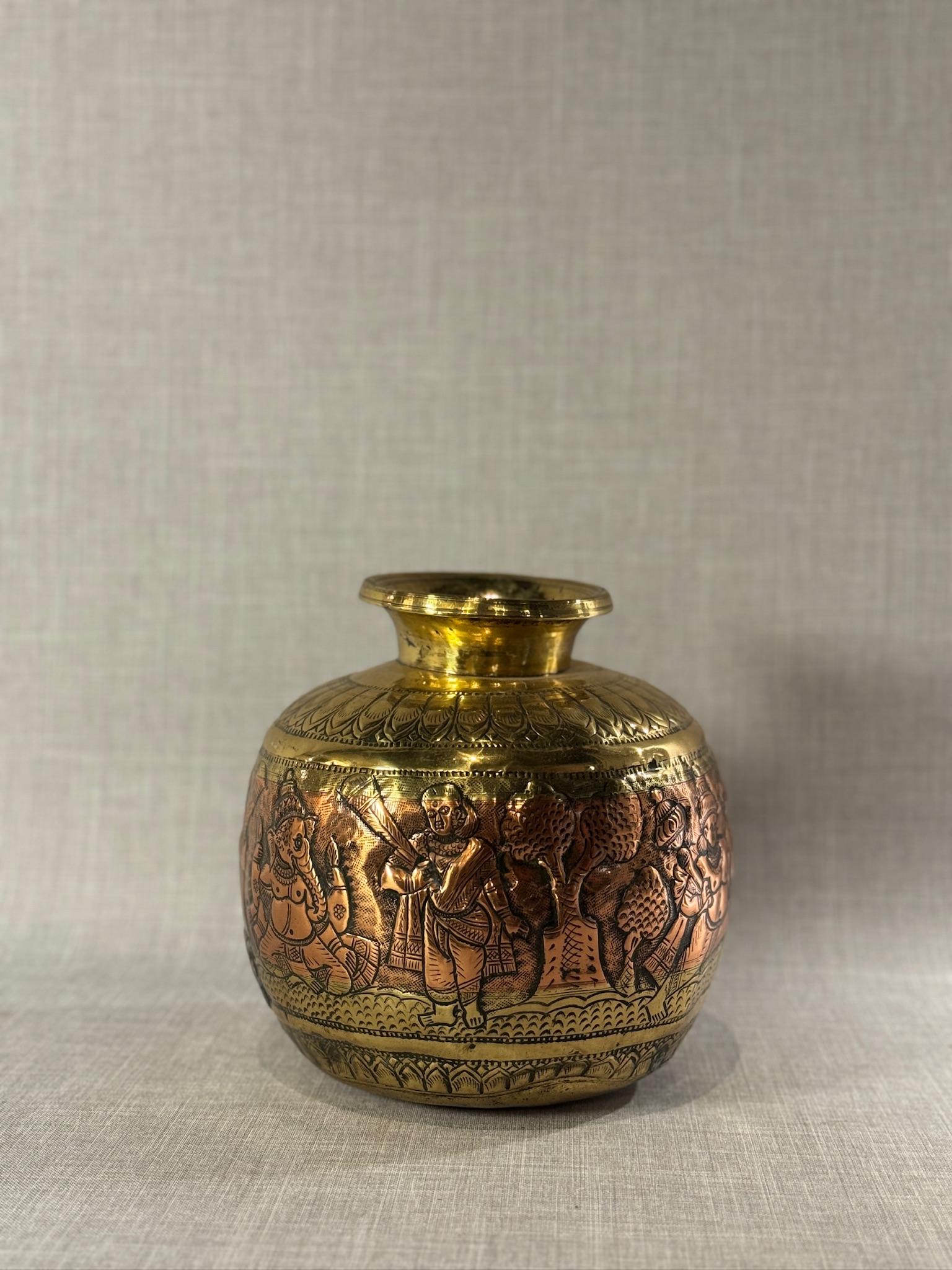 19th Century Indian Brass & Copper Ritual Vessel with Hand-Etched Hindu Deities For Sale 6