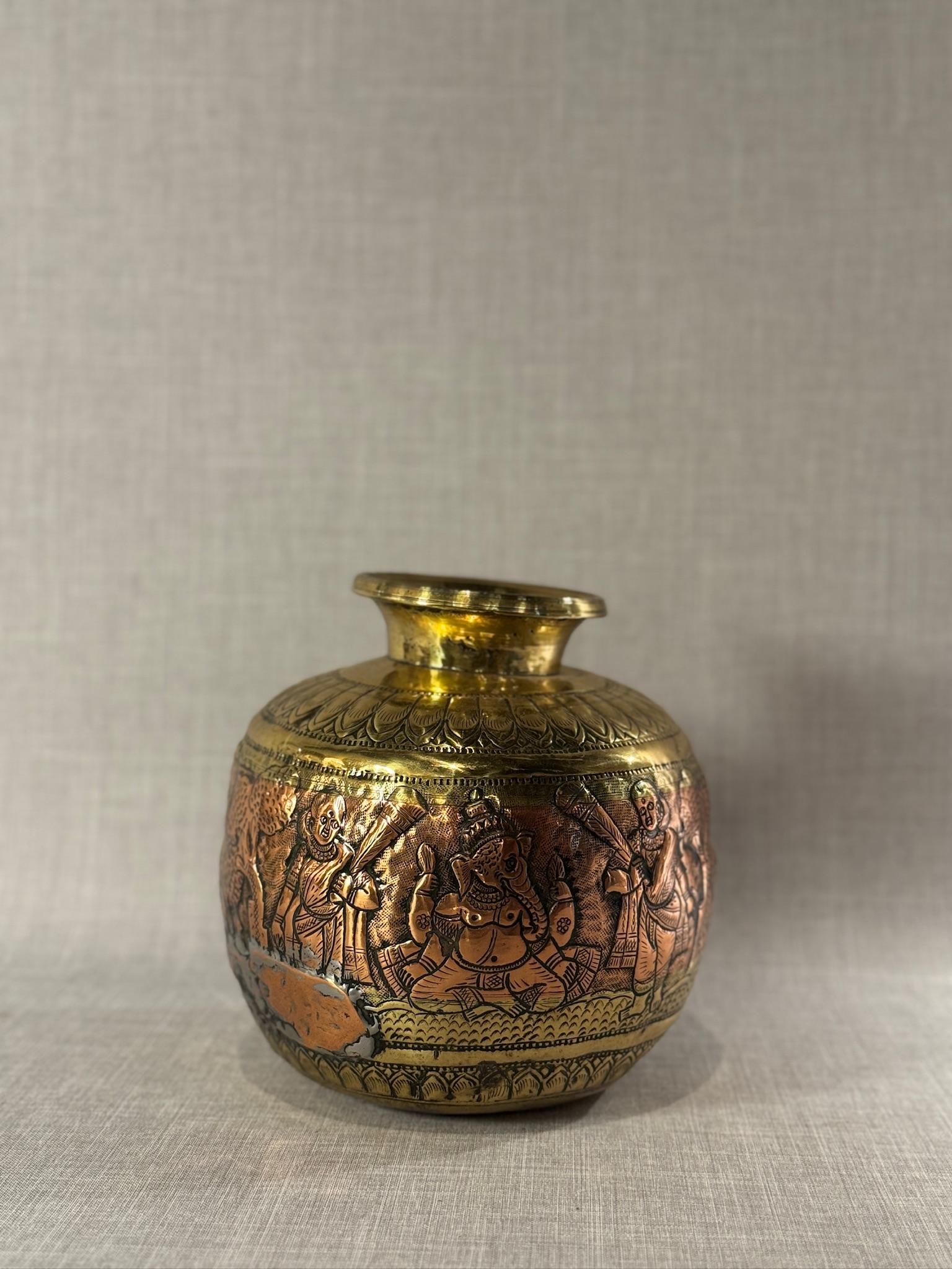 19th Century Indian Brass & Copper Ritual Vessel with Hand-Etched Hindu Deities For Sale 7