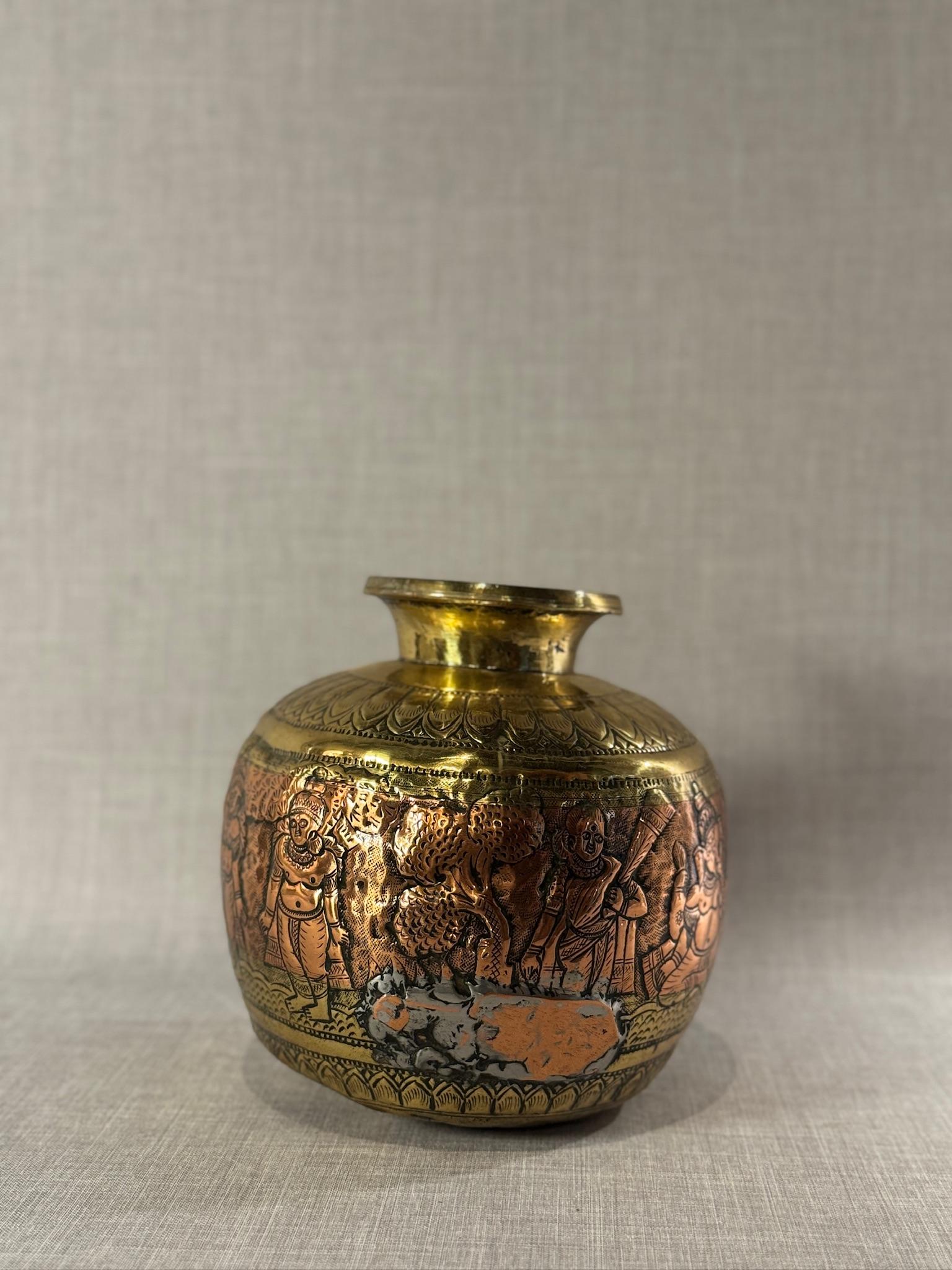 19th Century Indian Brass & Copper Ritual Vessel with Hand-Etched Hindu Deities For Sale 8