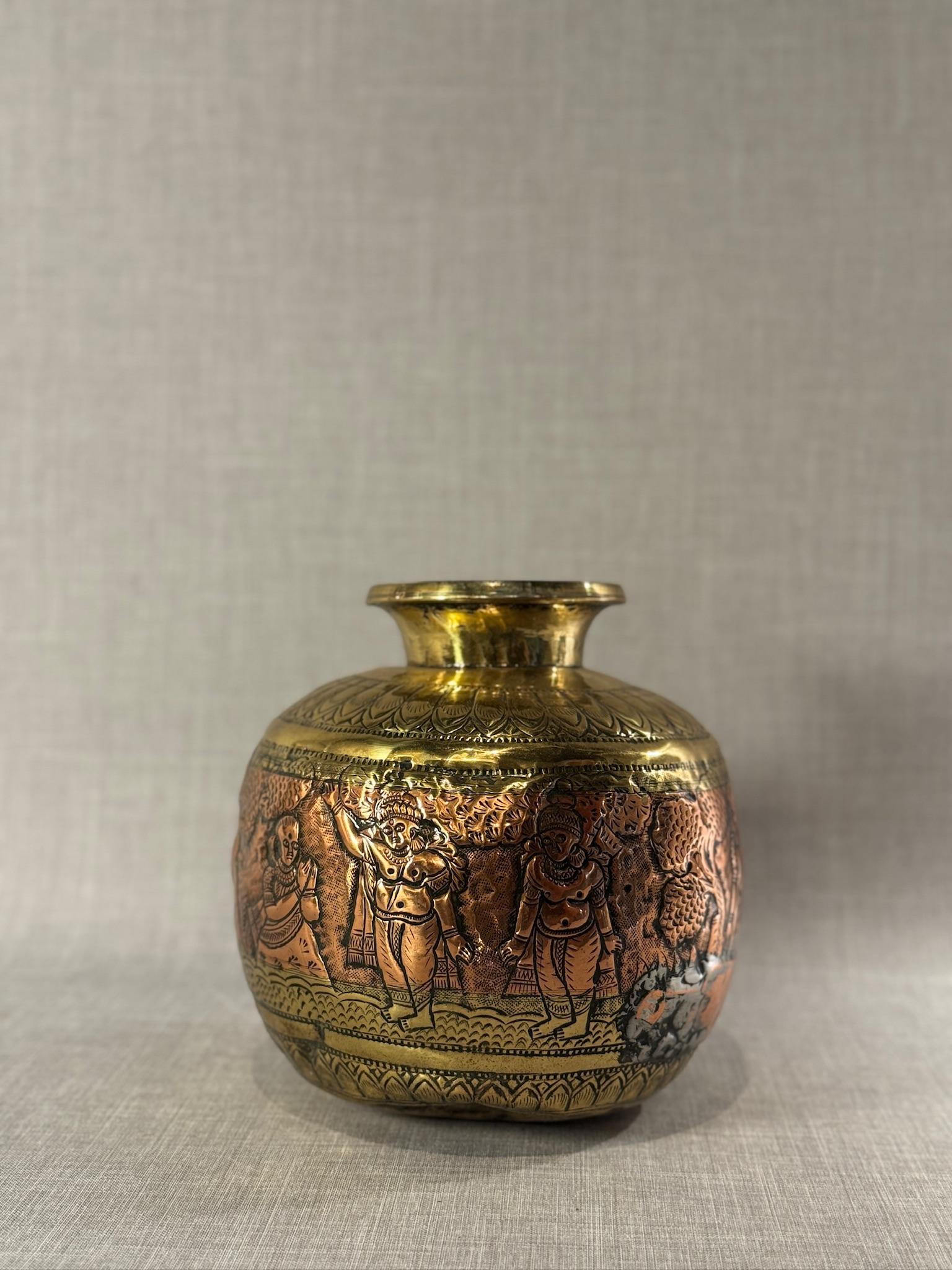 19th Century Indian Brass & Copper Ritual Vessel with Hand-Etched Hindu Deities For Sale 9