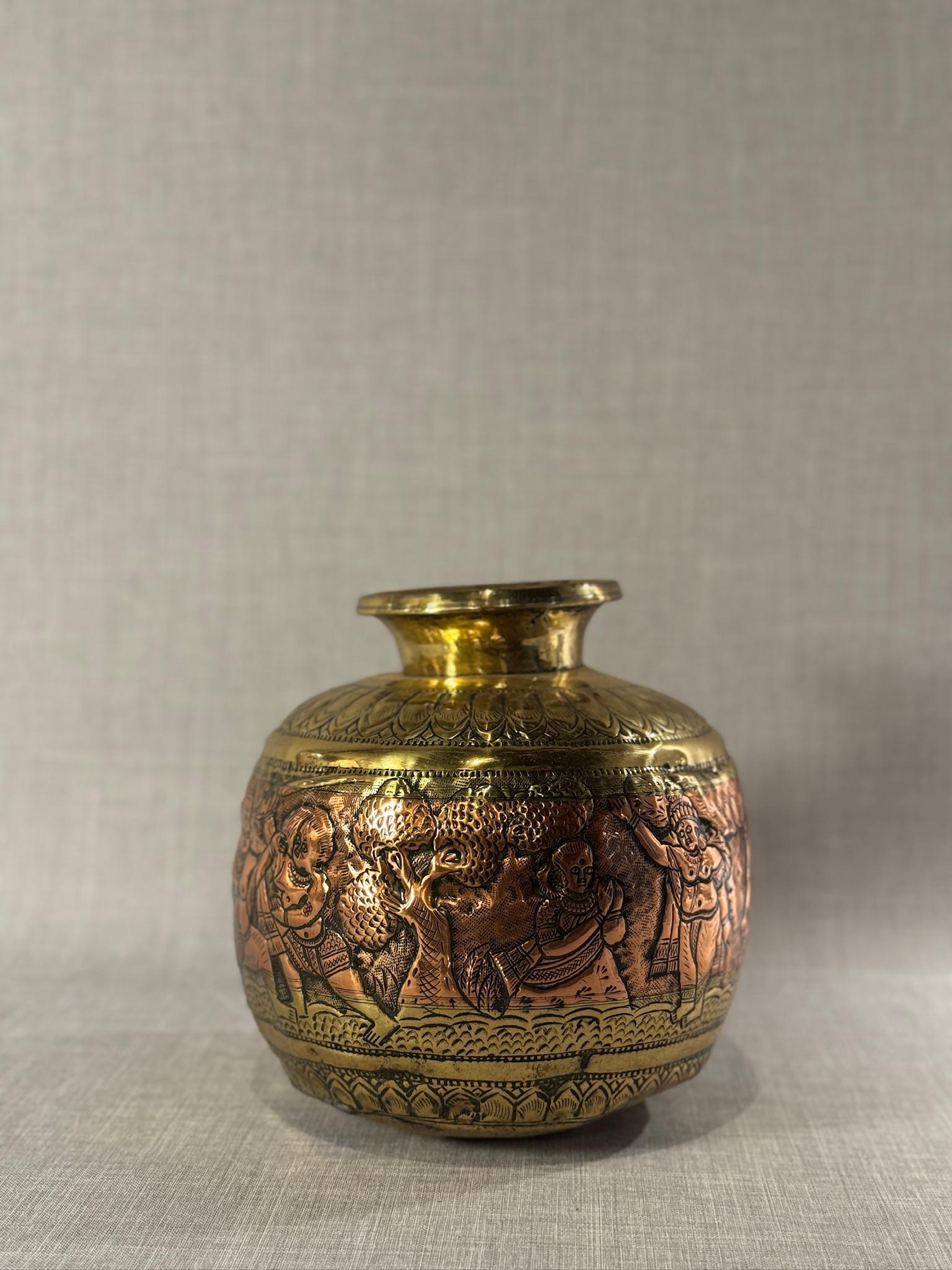 19th Century Indian Brass & Copper Ritual Vessel with Hand-Etched Hindu Deities For Sale 10
