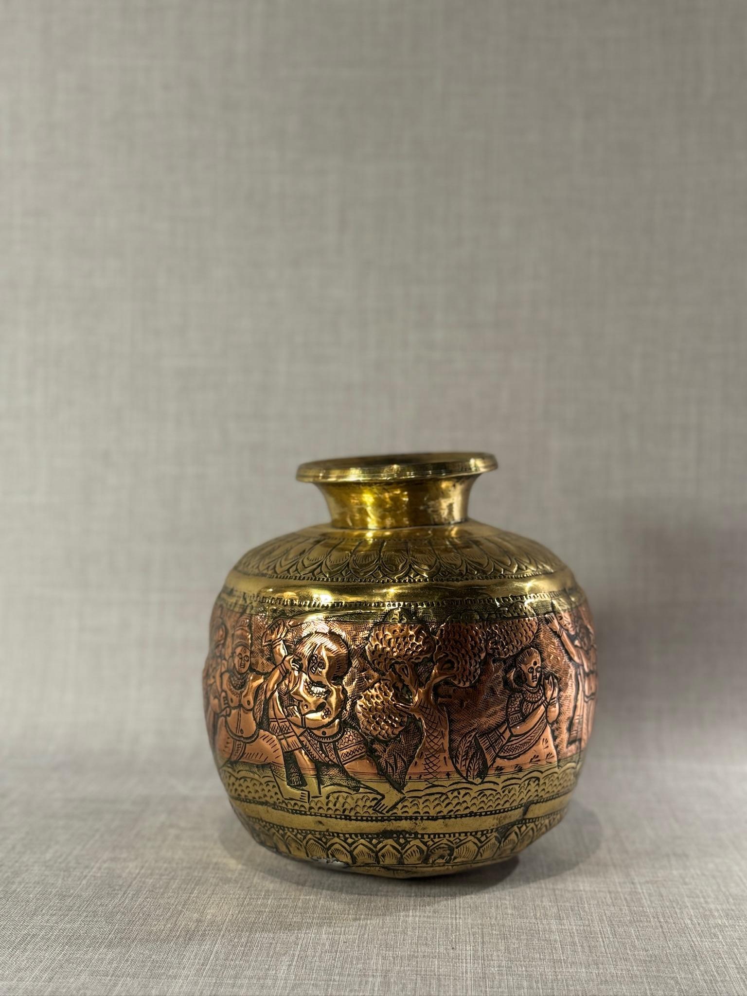 19th Century Indian Brass & Copper Ritual Vessel with Hand-Etched Hindu Deities For Sale 11