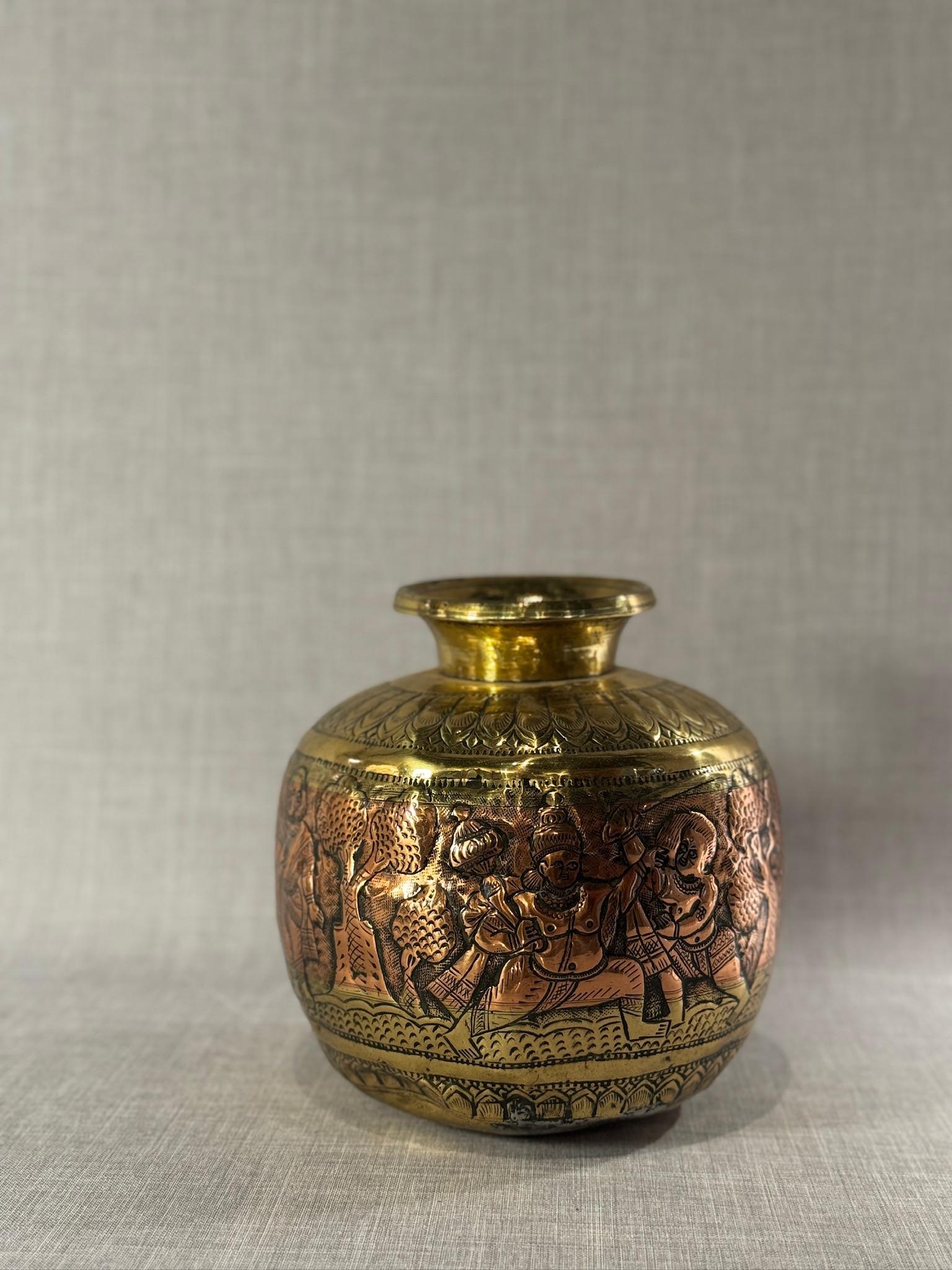 19th Century Indian Brass & Copper Ritual Vessel with Hand-Etched Hindu Deities For Sale 12