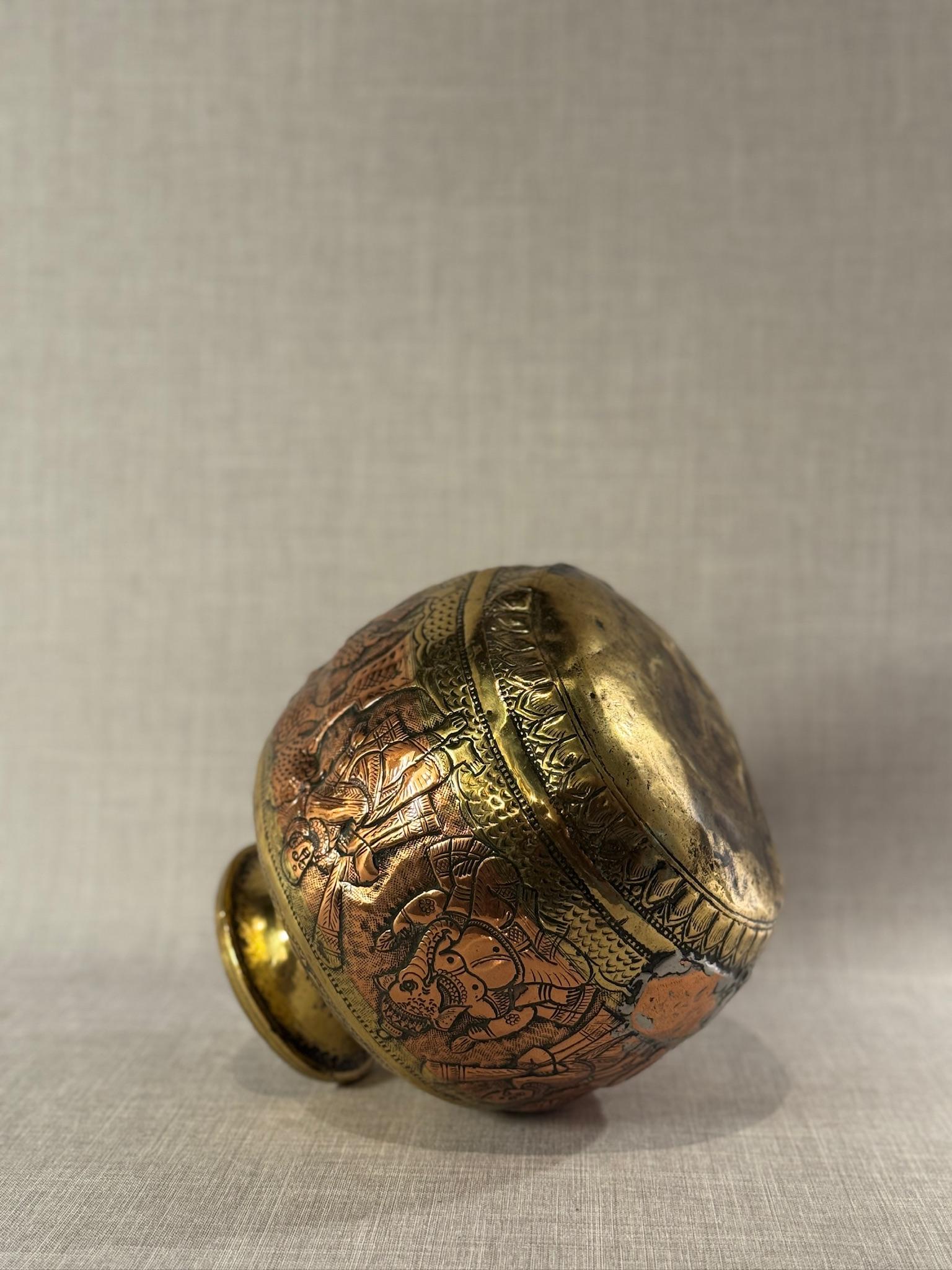 19th Century Indian Brass & Copper Ritual Vessel with Hand-Etched Hindu Deities For Sale 13