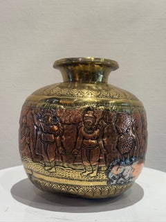 19th Century Indian Brass & Copper Ritual Vessel with Hand-Etched Hindu Deities