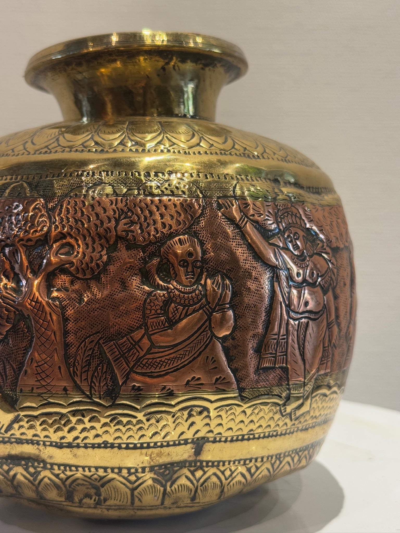 19th Century Indian Brass & Copper Ritual Vessel with Hand-Etched Hindu Deities For Sale 2