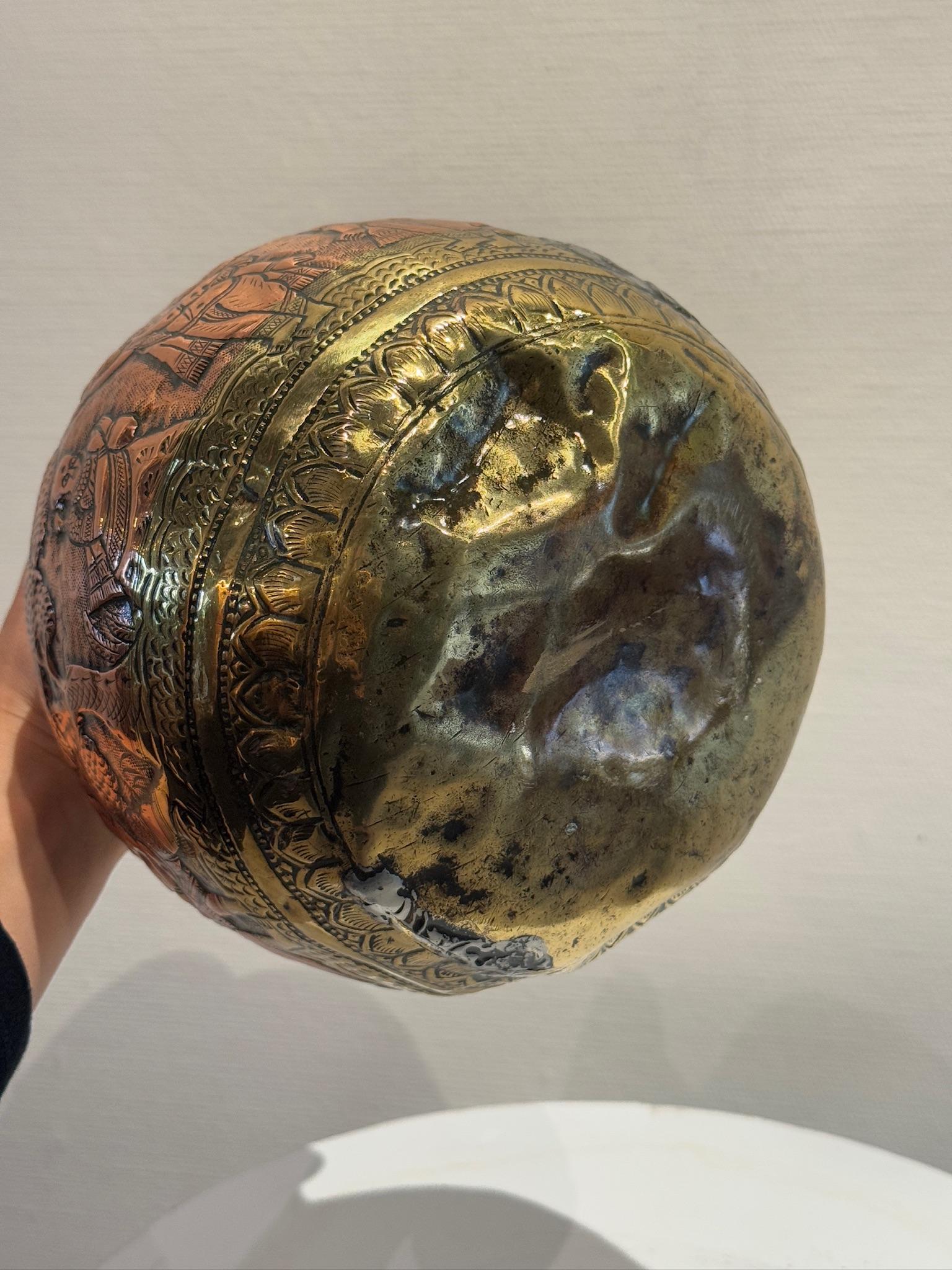 19th Century Indian Brass & Copper Ritual Vessel with Hand-Etched Hindu Deities For Sale 3