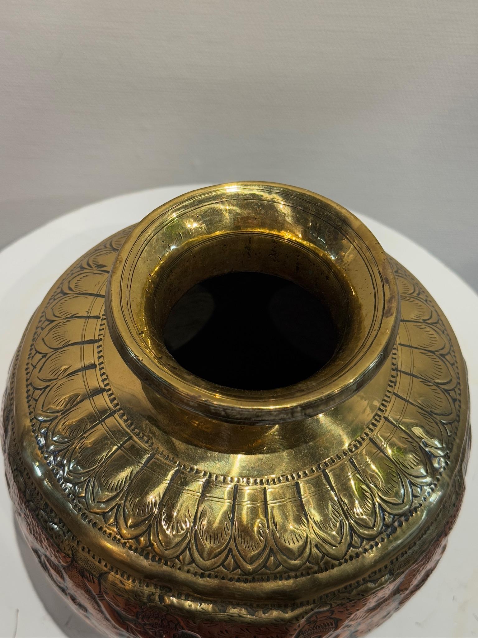 19th Century Indian Brass & Copper Ritual Vessel with Hand-Etched Hindu Deities For Sale 5