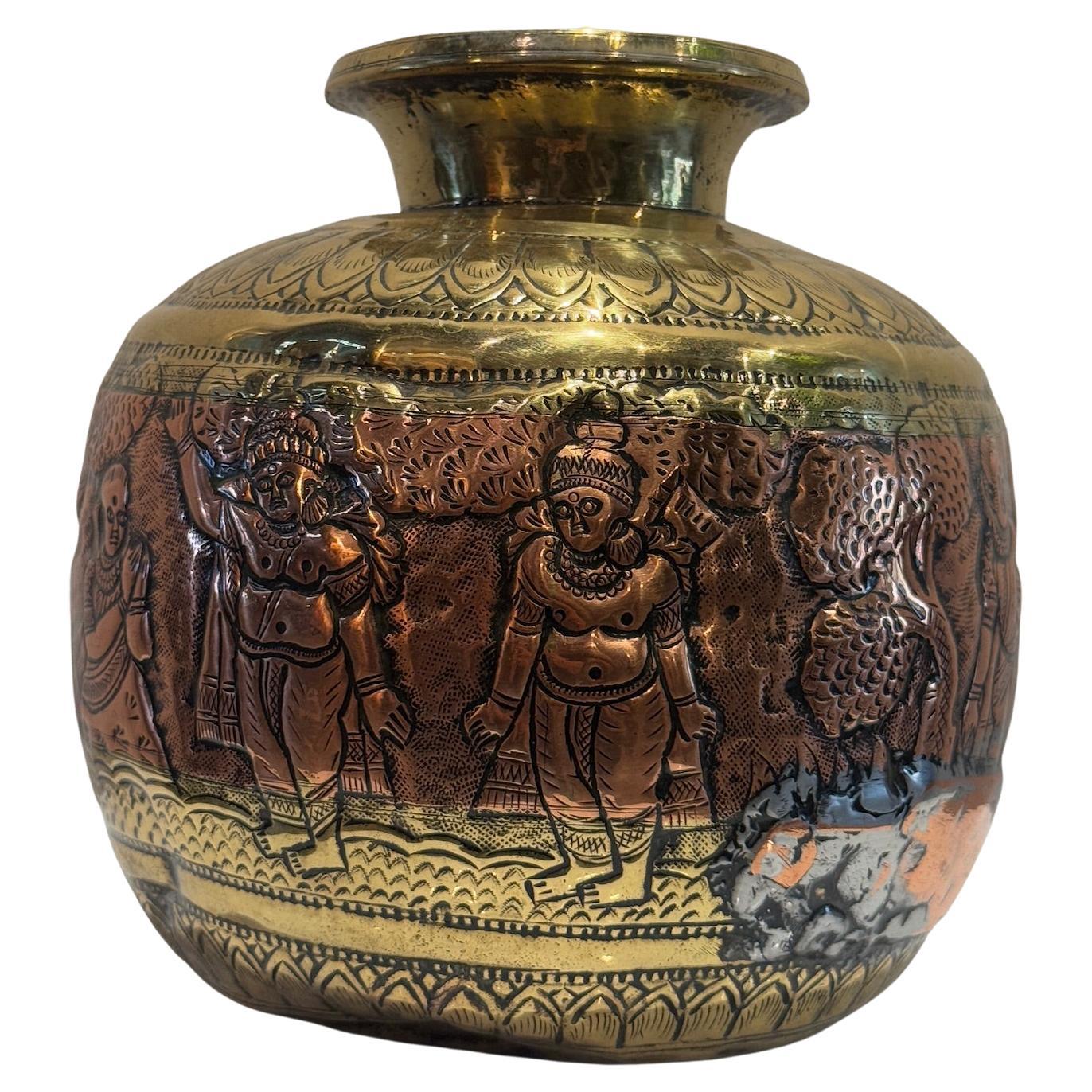 19th Century Indian Brass & Copper Ritual Vessel with Hand-Etched Hindu Deities For Sale