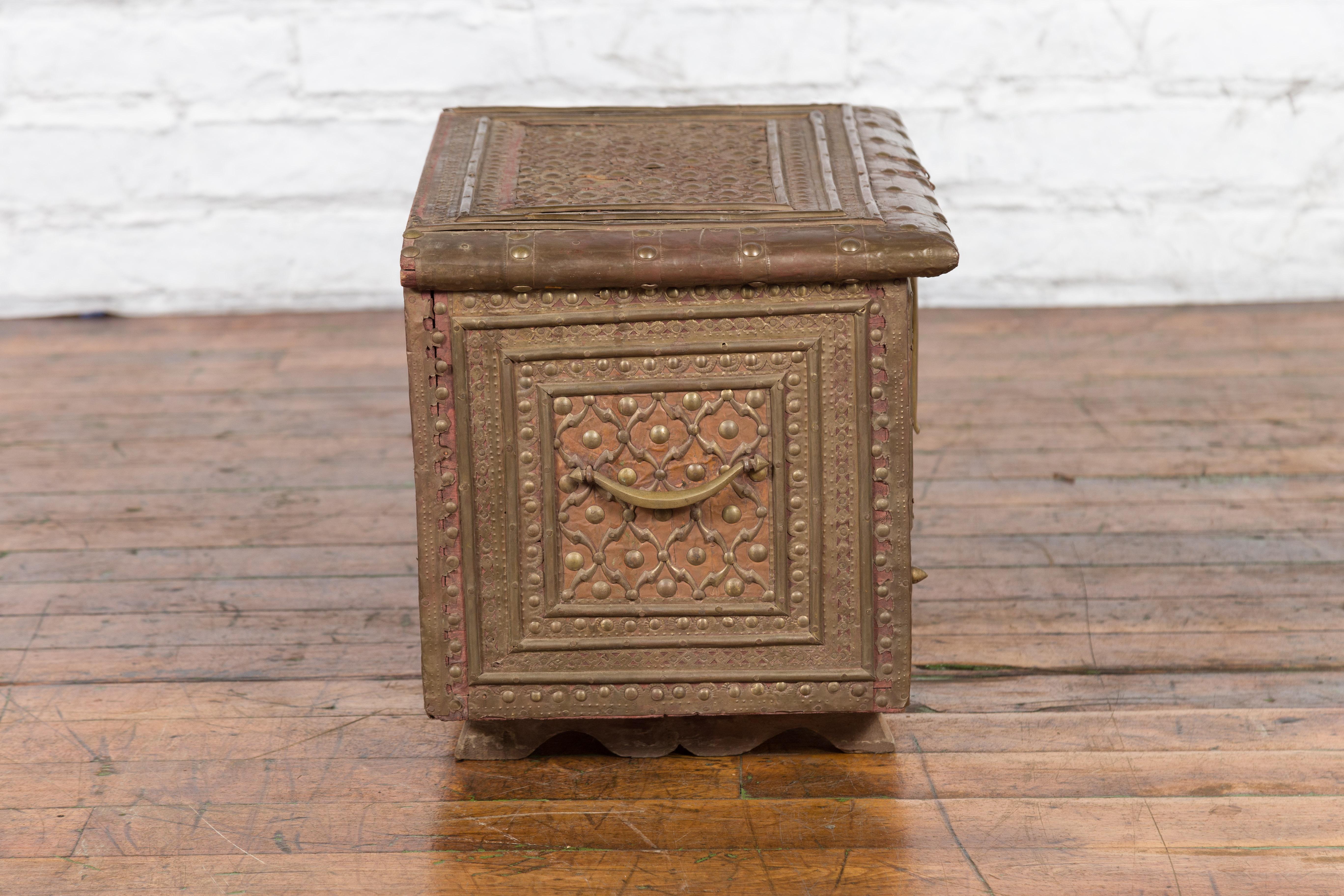 19th Century Indian Brass over Wood Bridal Chest with Hand-Tooled Décor For Sale 9