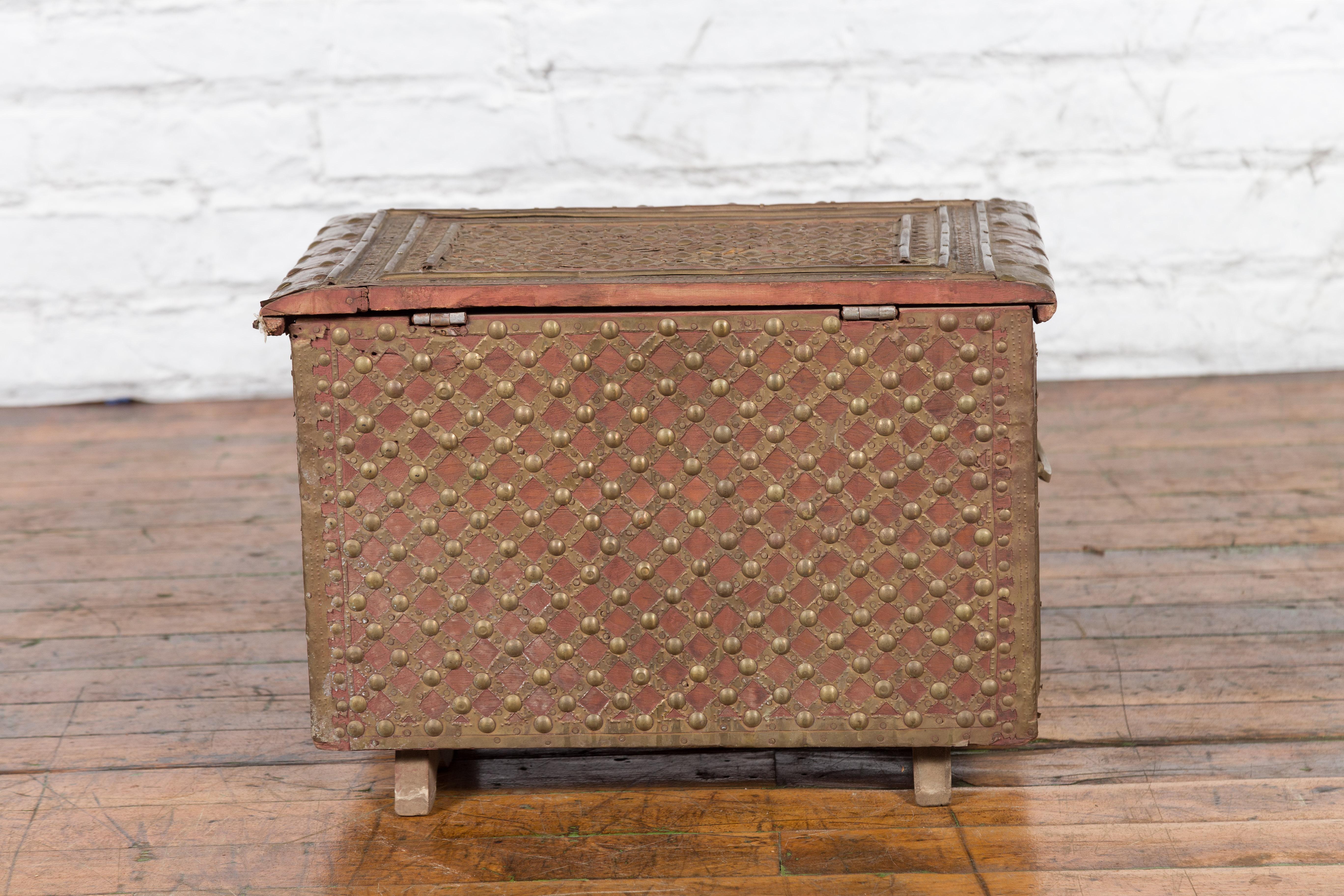 19th Century Indian Brass over Wood Bridal Chest with Hand-Tooled Décor For Sale 10