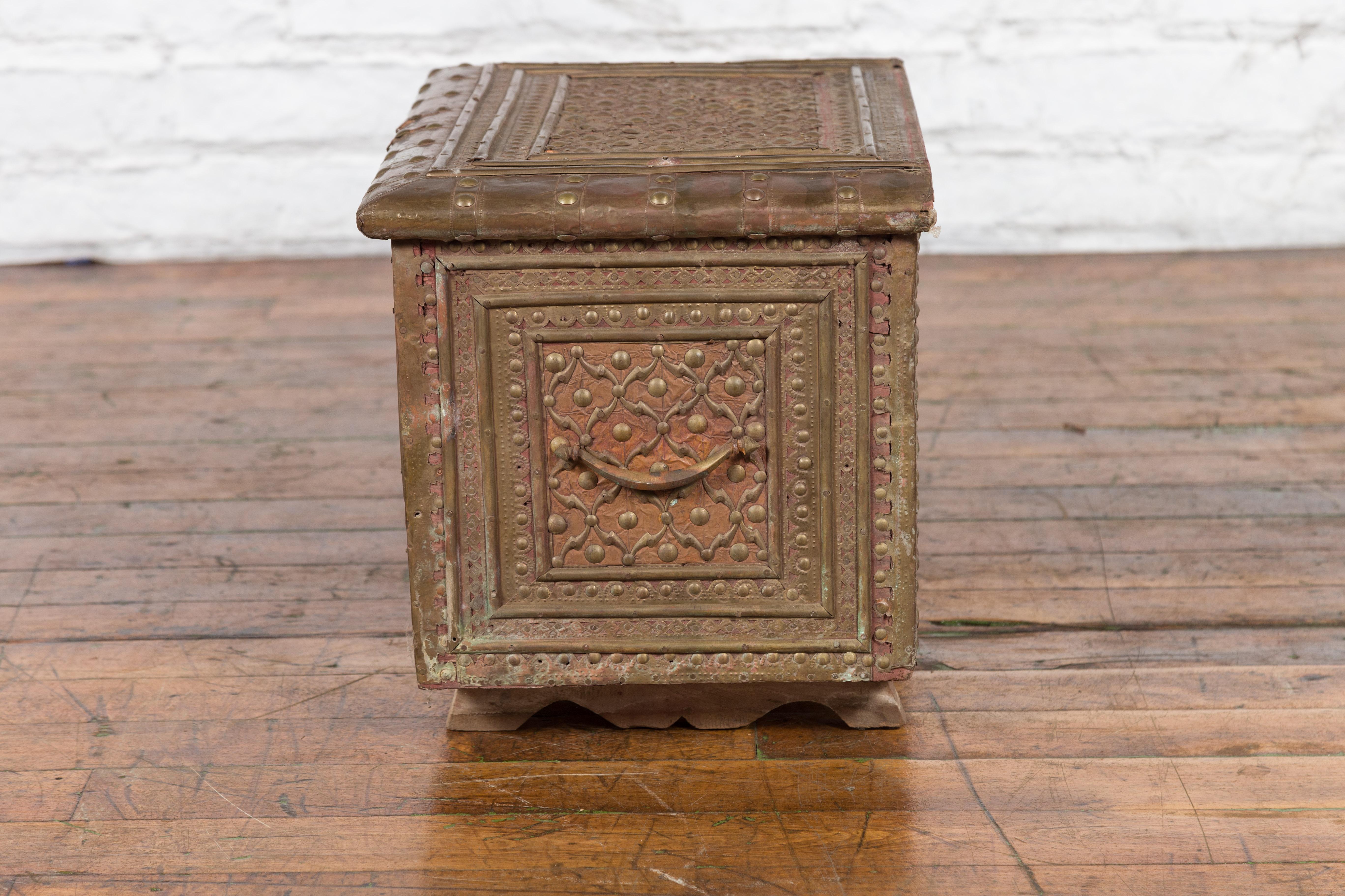 19th Century Indian Brass over Wood Bridal Chest with Hand-Tooled Décor For Sale 11