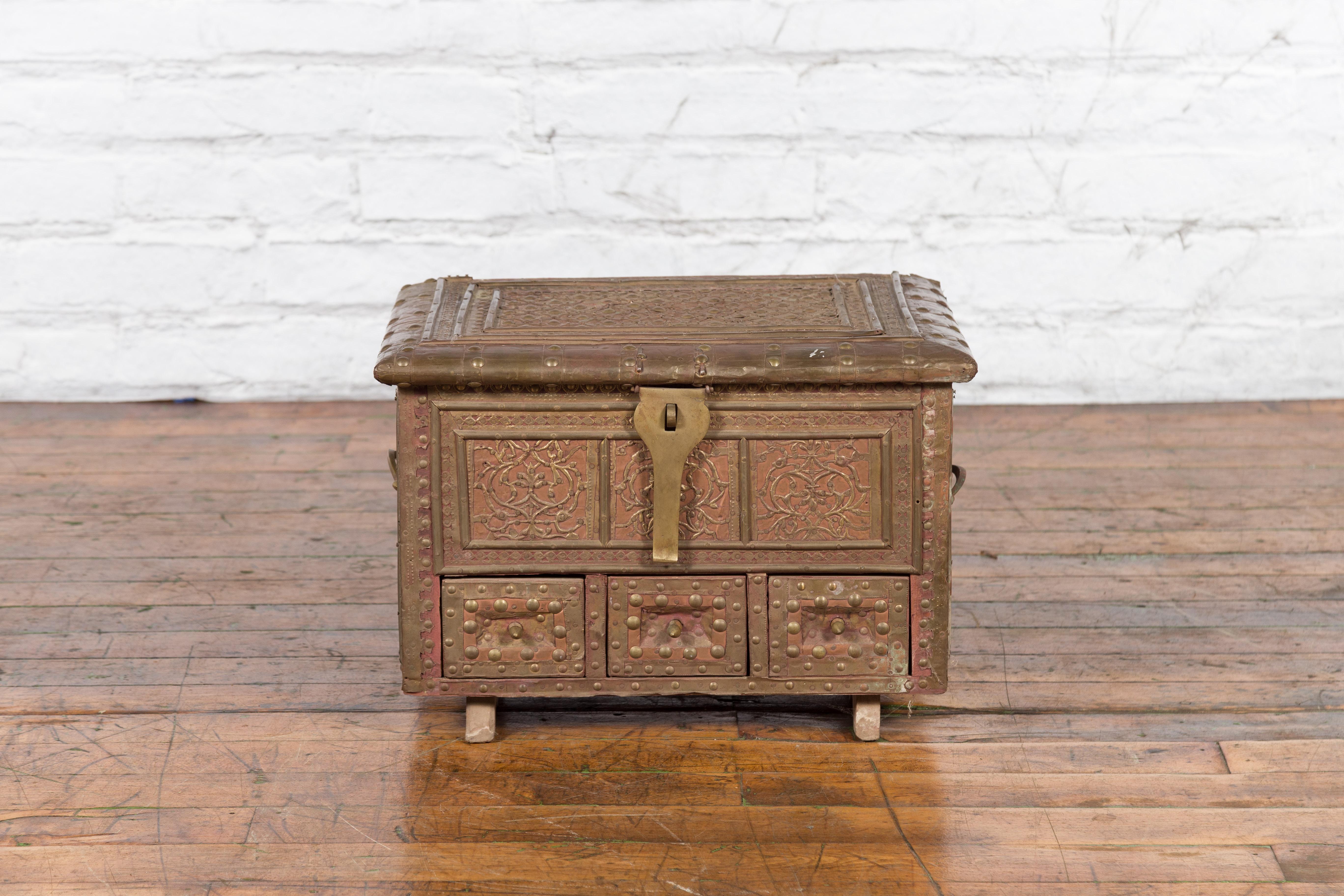 Hand-Crafted 19th Century Indian Brass over Wood Bridal Chest with Hand-Tooled Décor For Sale