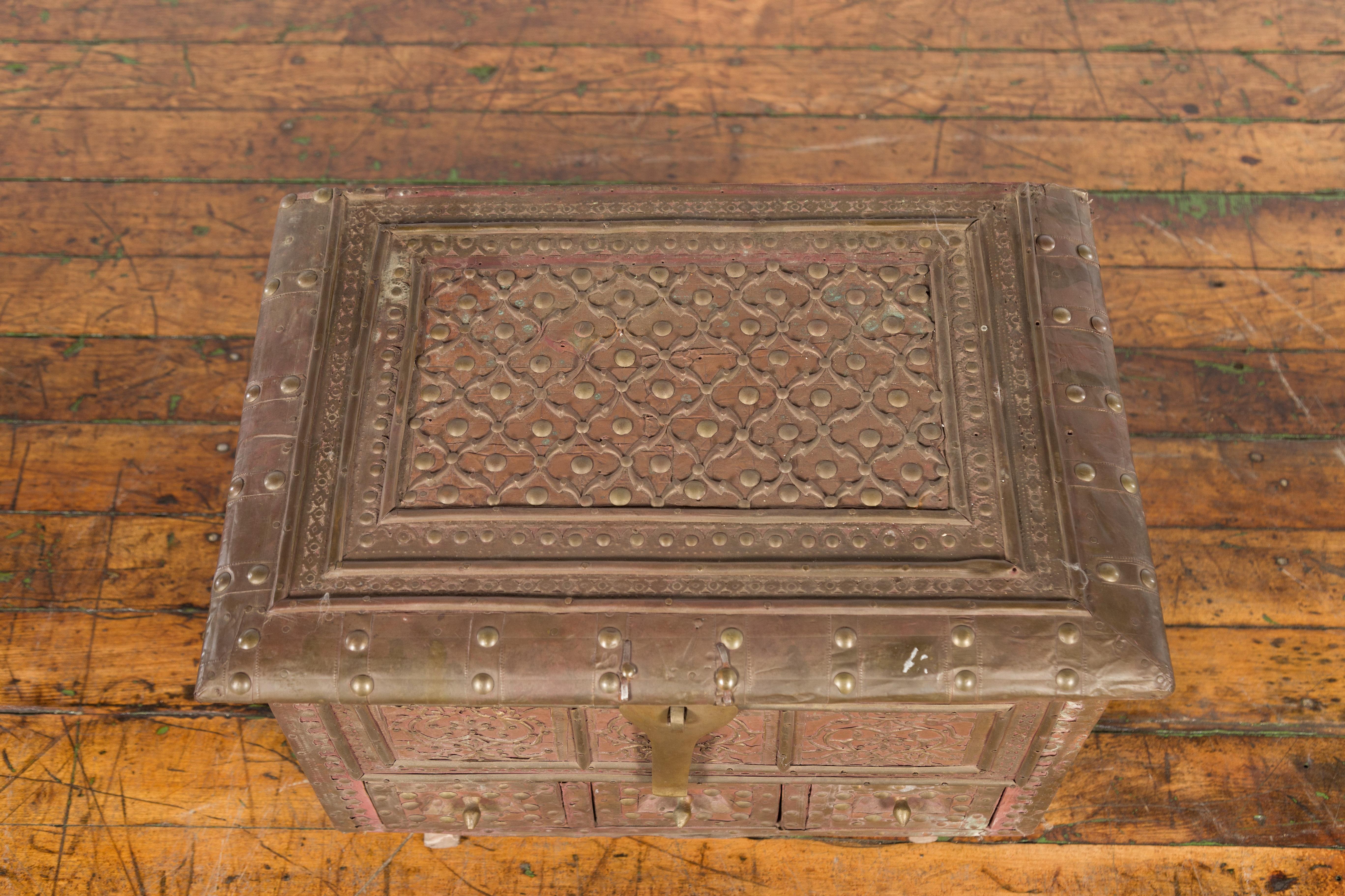 19th Century Indian Brass over Wood Bridal Chest with Hand-Tooled Décor For Sale 1