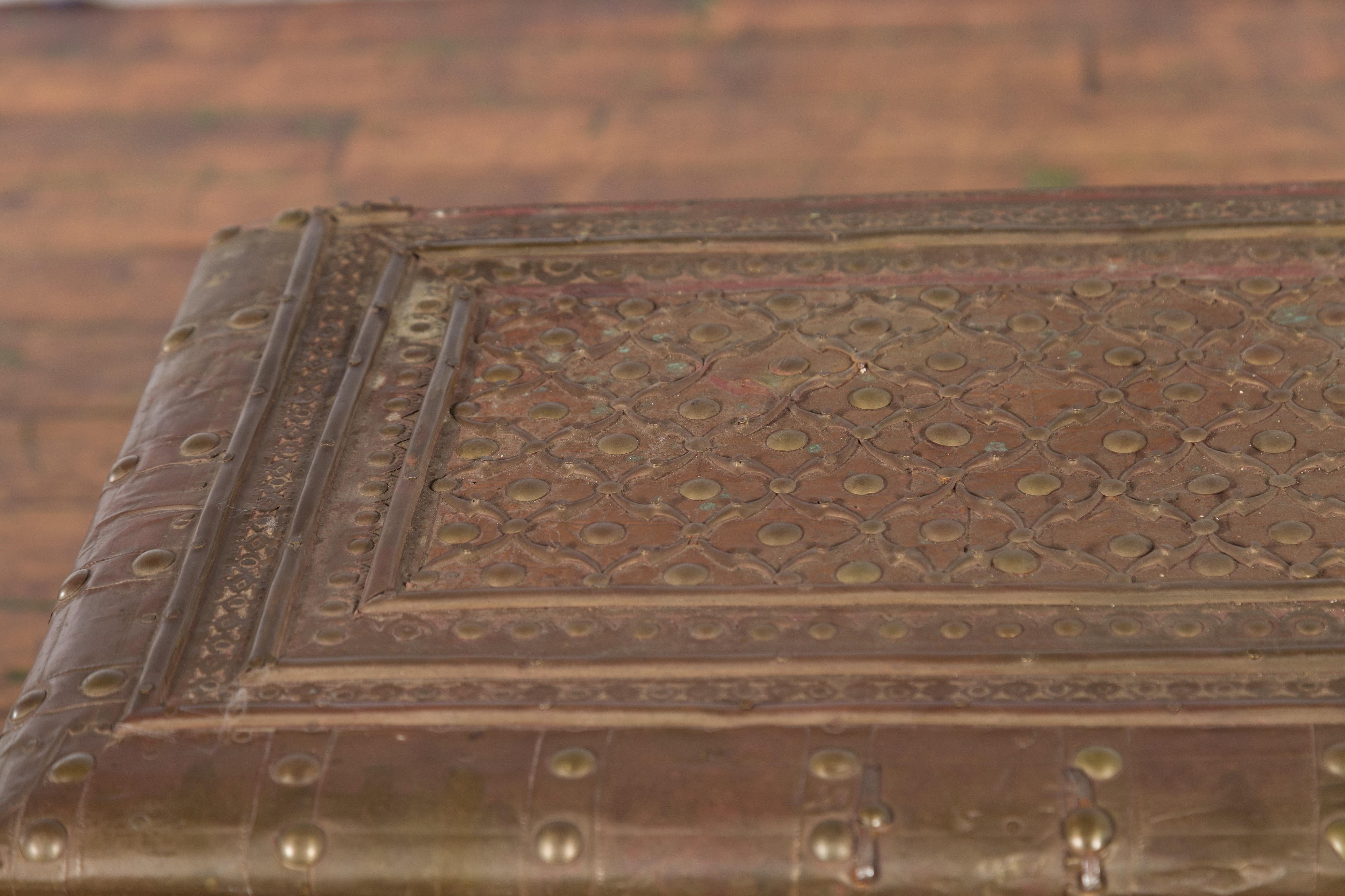 19th Century Indian Brass over Wood Bridal Chest with Hand-Tooled Décor For Sale 2