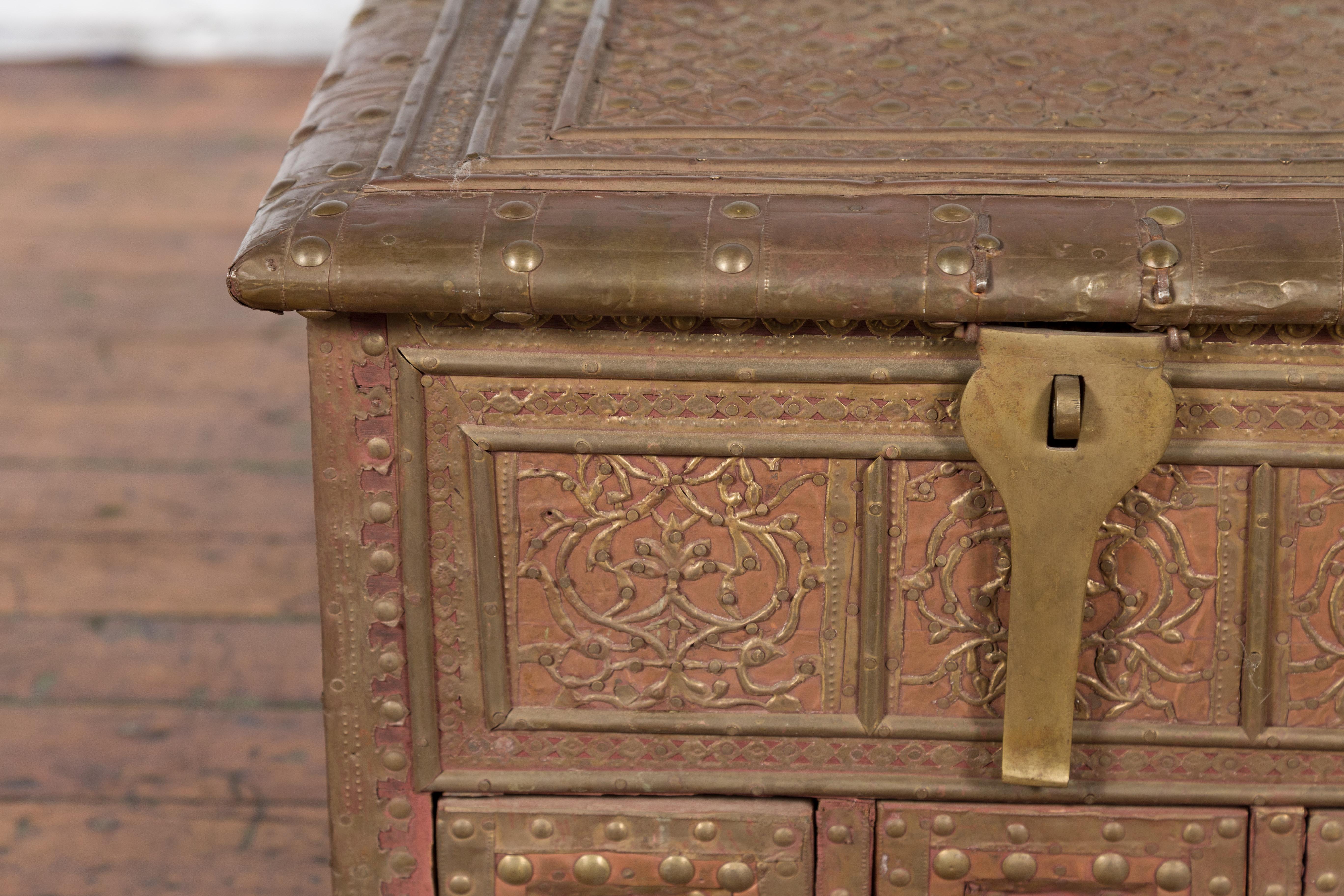 19th Century Indian Brass over Wood Bridal Chest with Hand-Tooled Décor For Sale 3