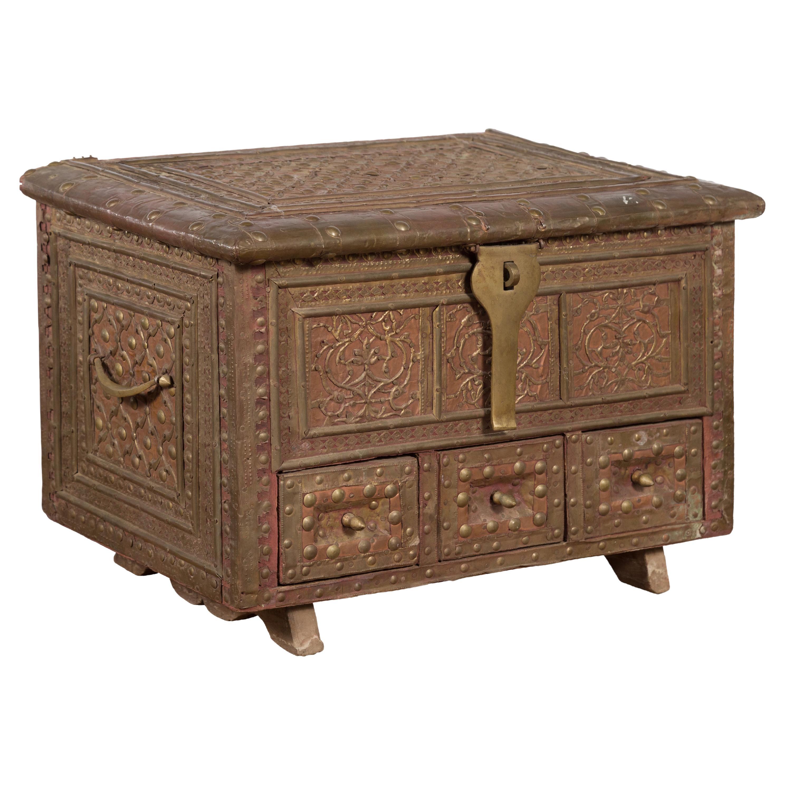 19th Century Indian Brass over Wood Bridal Chest with Hand-Tooled Décor For Sale