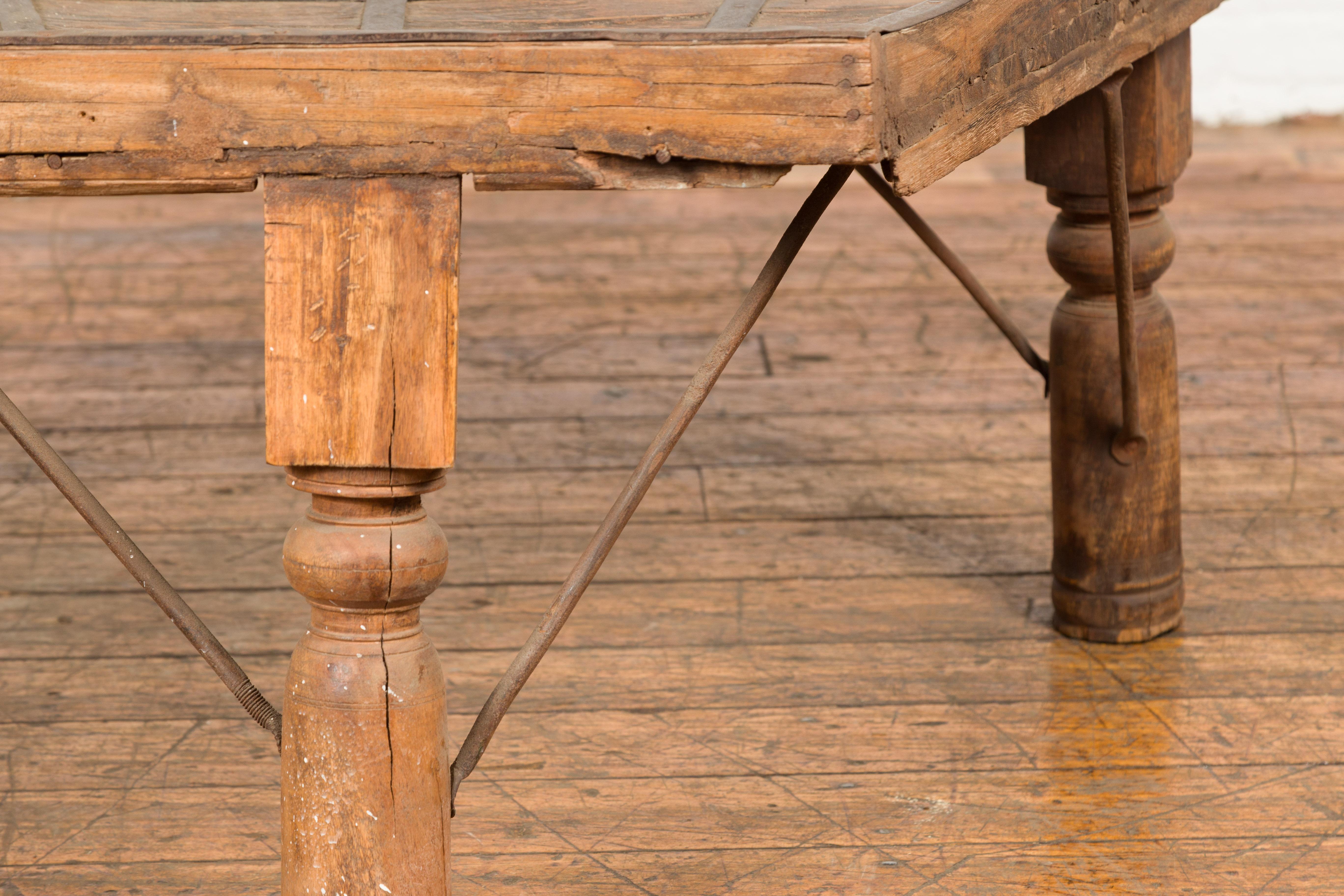 19th Century Indian Bullock Cart Made into a Coffee Table with Iron Details For Sale 2