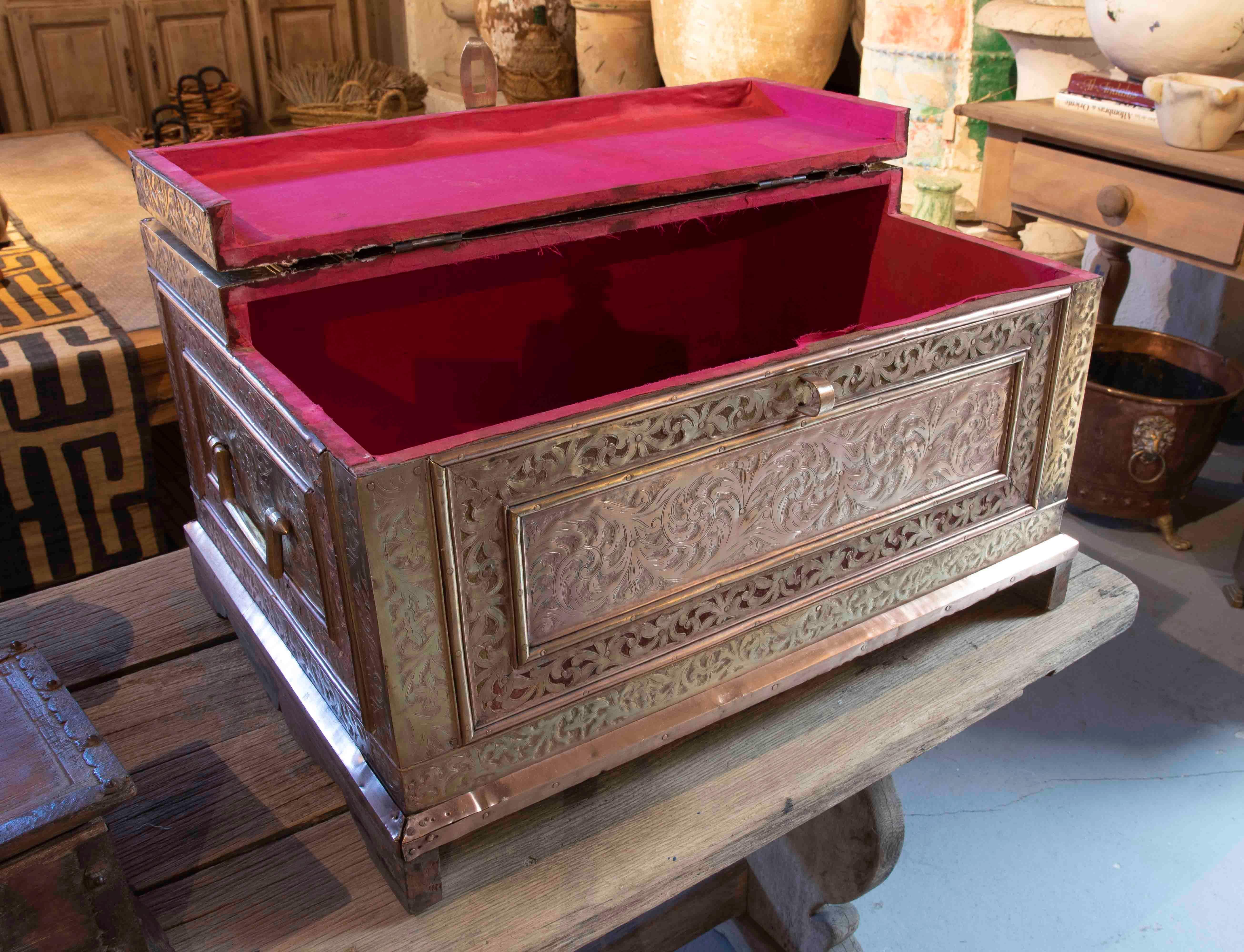 19th Century Indian Chest with Wooden Frame Covered in Embossed Brass with Handles