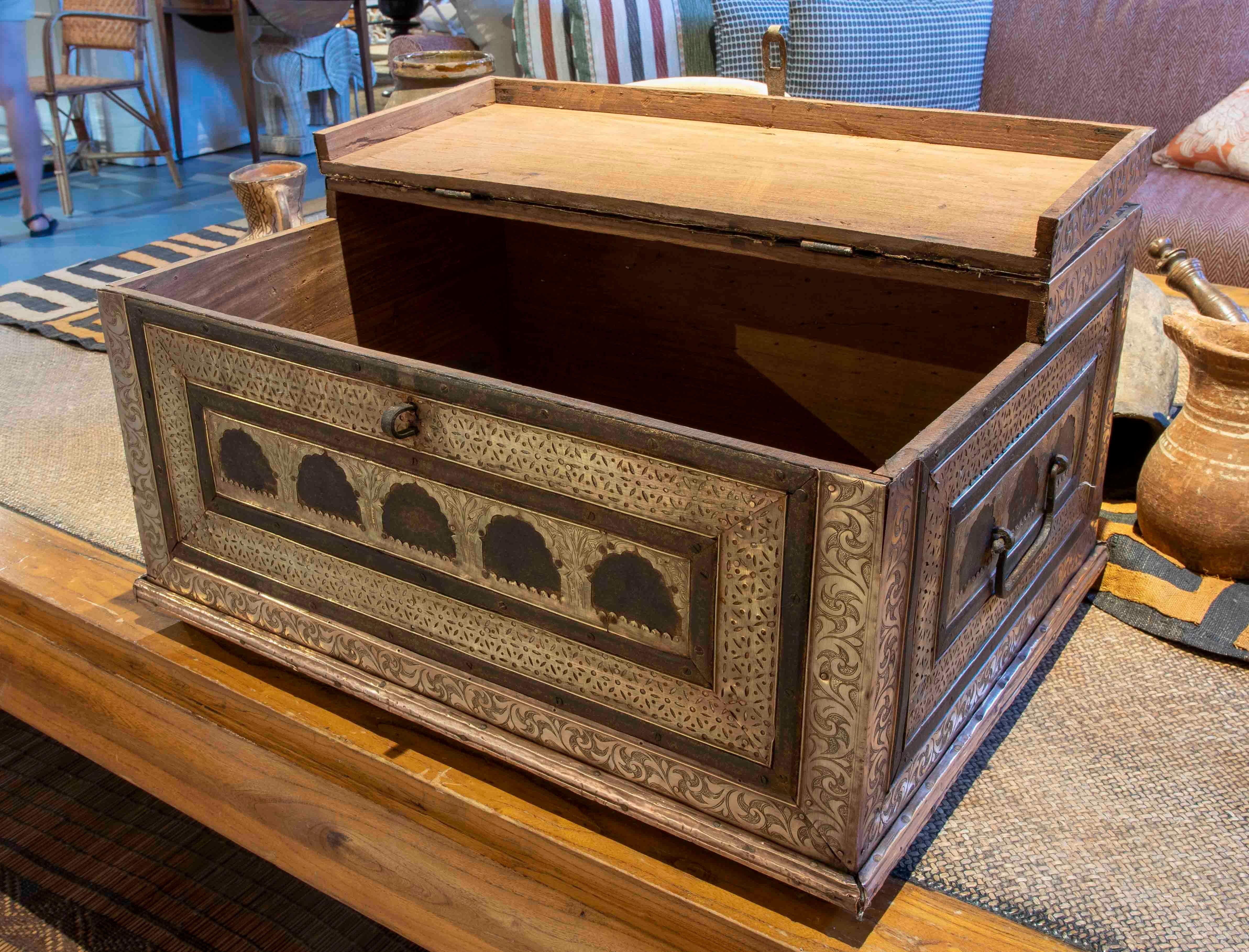 19th Century Indian Chest with Wooden Frame Covered in Embossed Brass with Handles