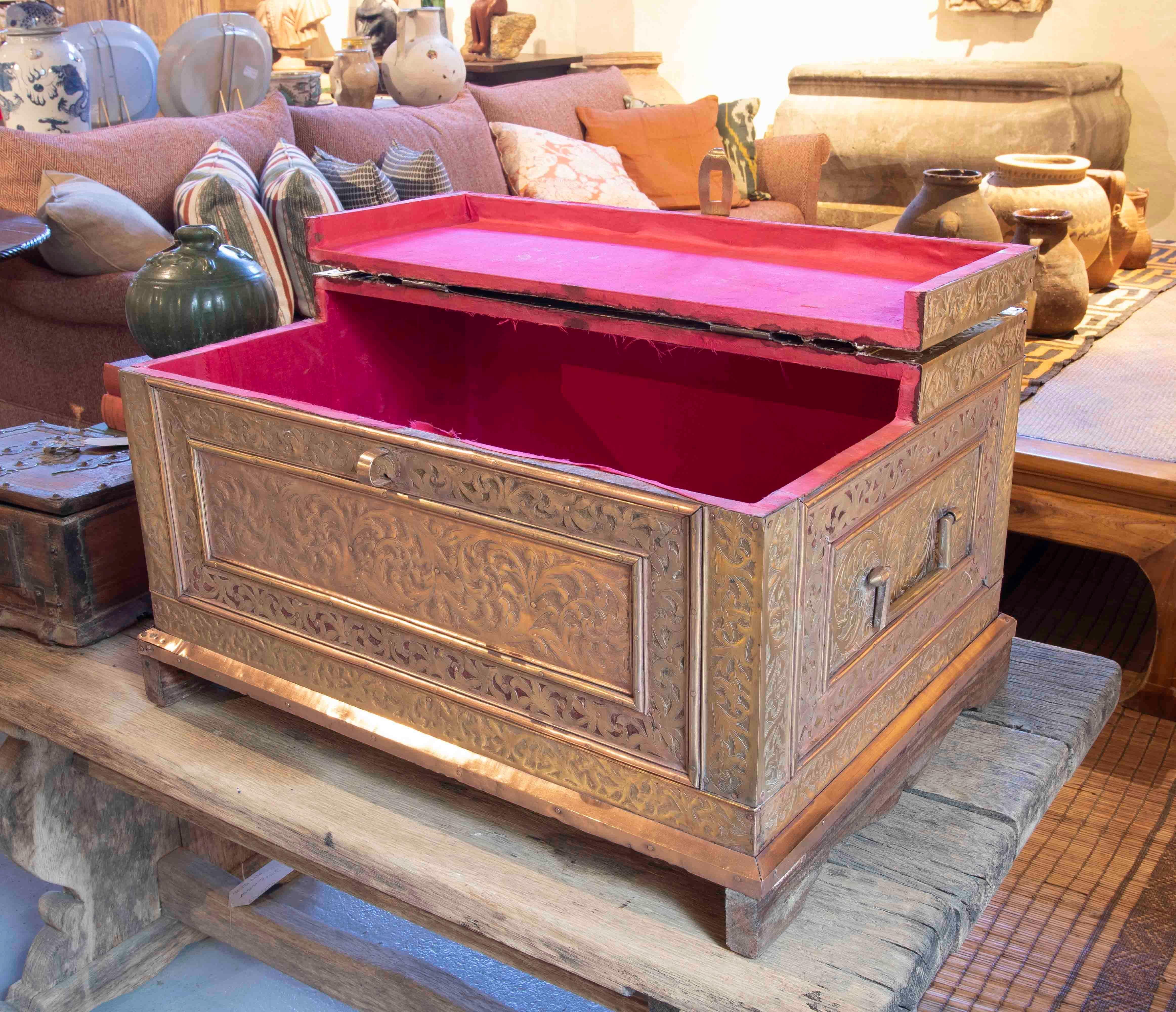 19th Century Indian Chest with Wooden Frame Covered in Embossed Brass  For Sale 1