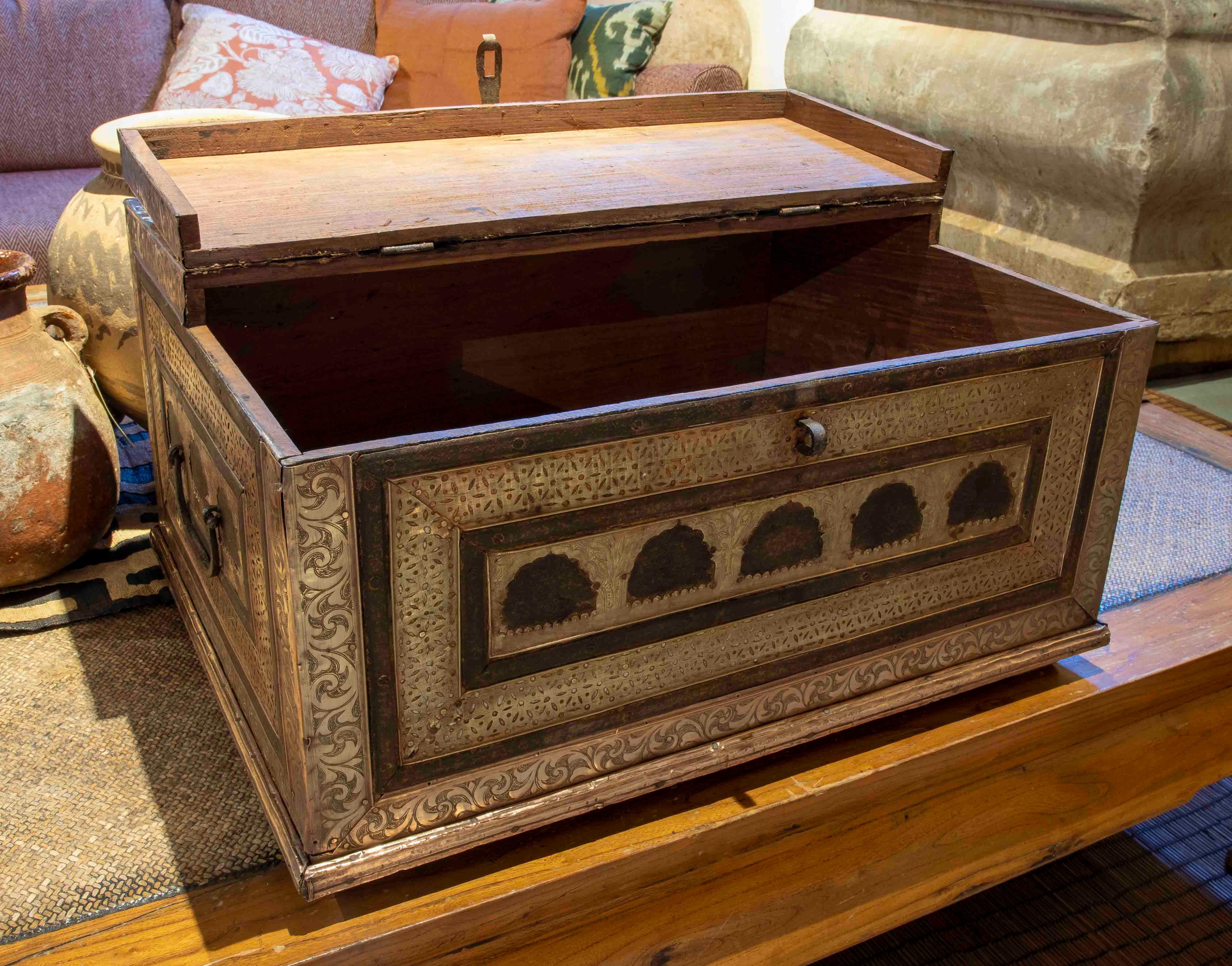 19th Century Indian Chest with Wooden Frame Covered in Embossed Brass  For Sale 1