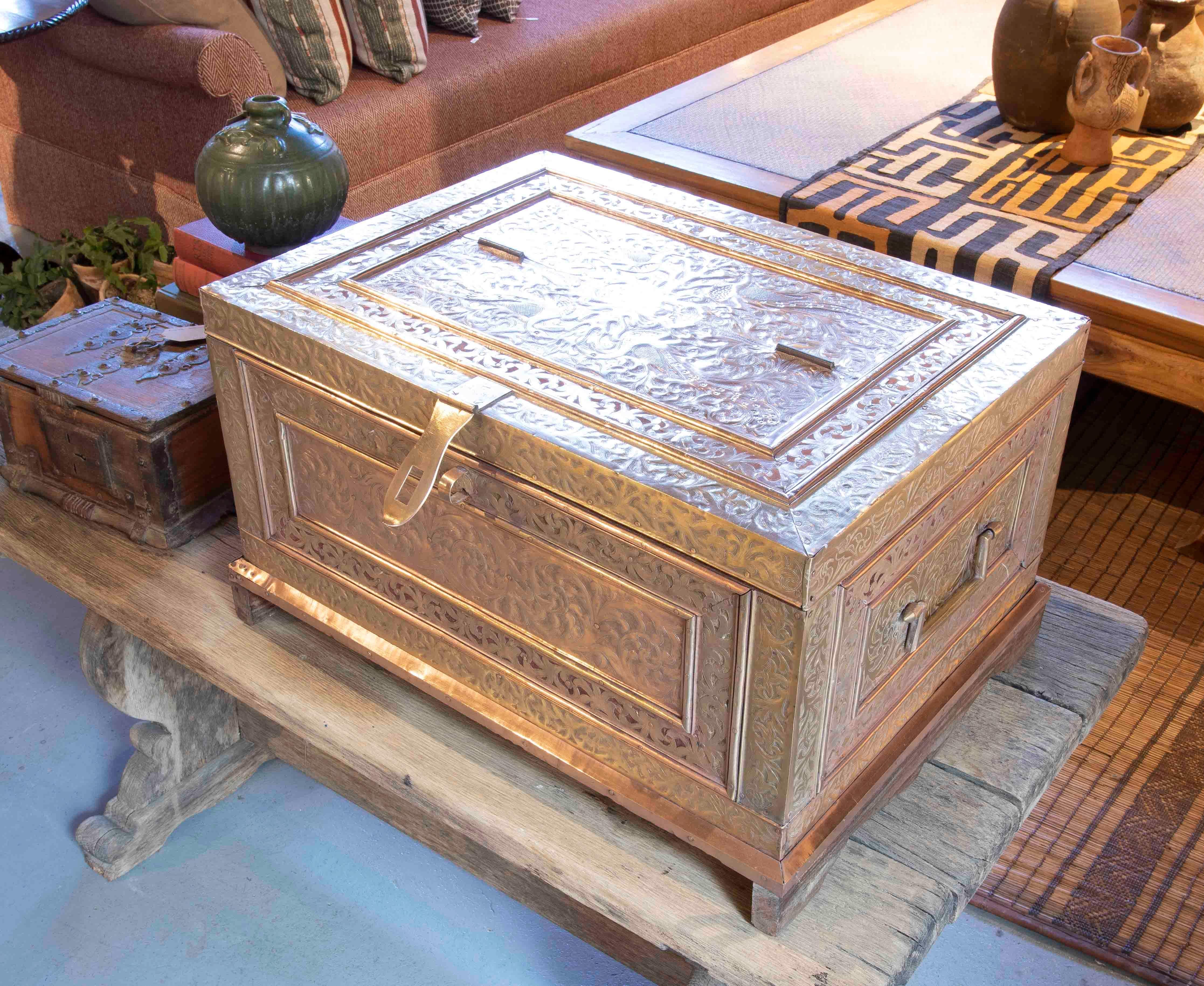 19th Century Indian Chest with Wooden Frame Covered in Embossed Brass  For Sale 3