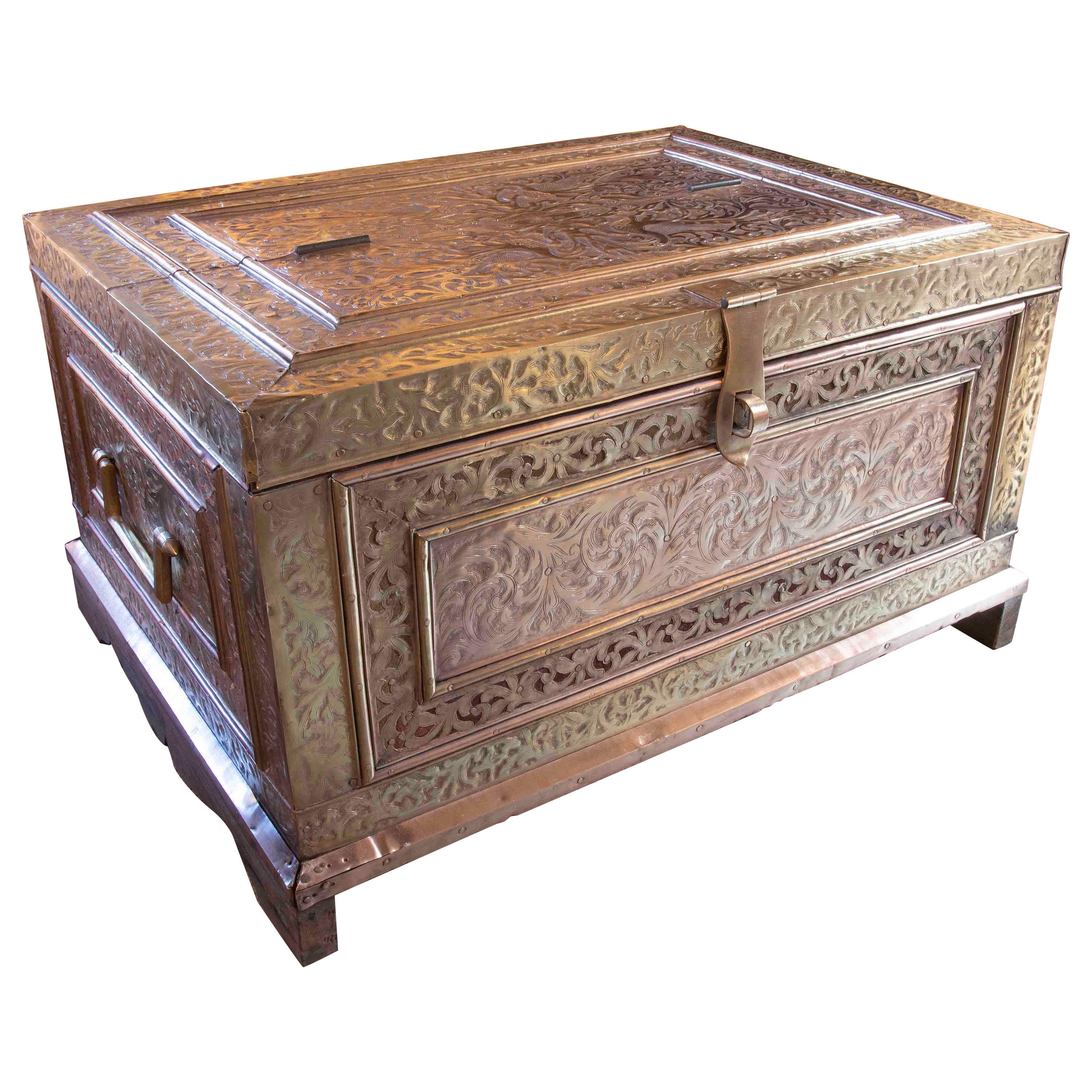 19th Century Indian Chest with Wooden Frame Covered in Embossed Brass