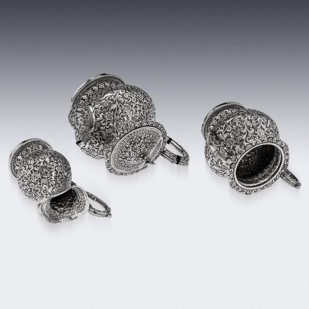 19th Century Indian Cutch Solid Silver 3-Piece Hunting Tea Set, circa 1890 1