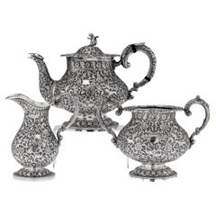 19th Century Indian Cutch Solid Silver 3-Piece Hunting Tea Set, circa 1890