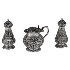 Antique 19th Century Indian Cutch Solid Silver Condiment Set, Oomersi Mawji, circa 1890