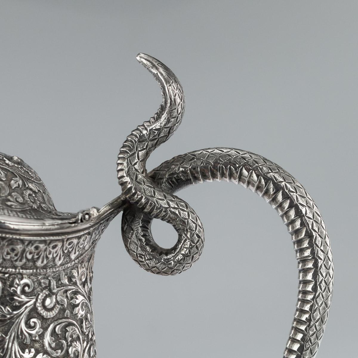 19th Century Indian Cutch Solid Silver Snake Ewer Wine Jug, circa 1880 4