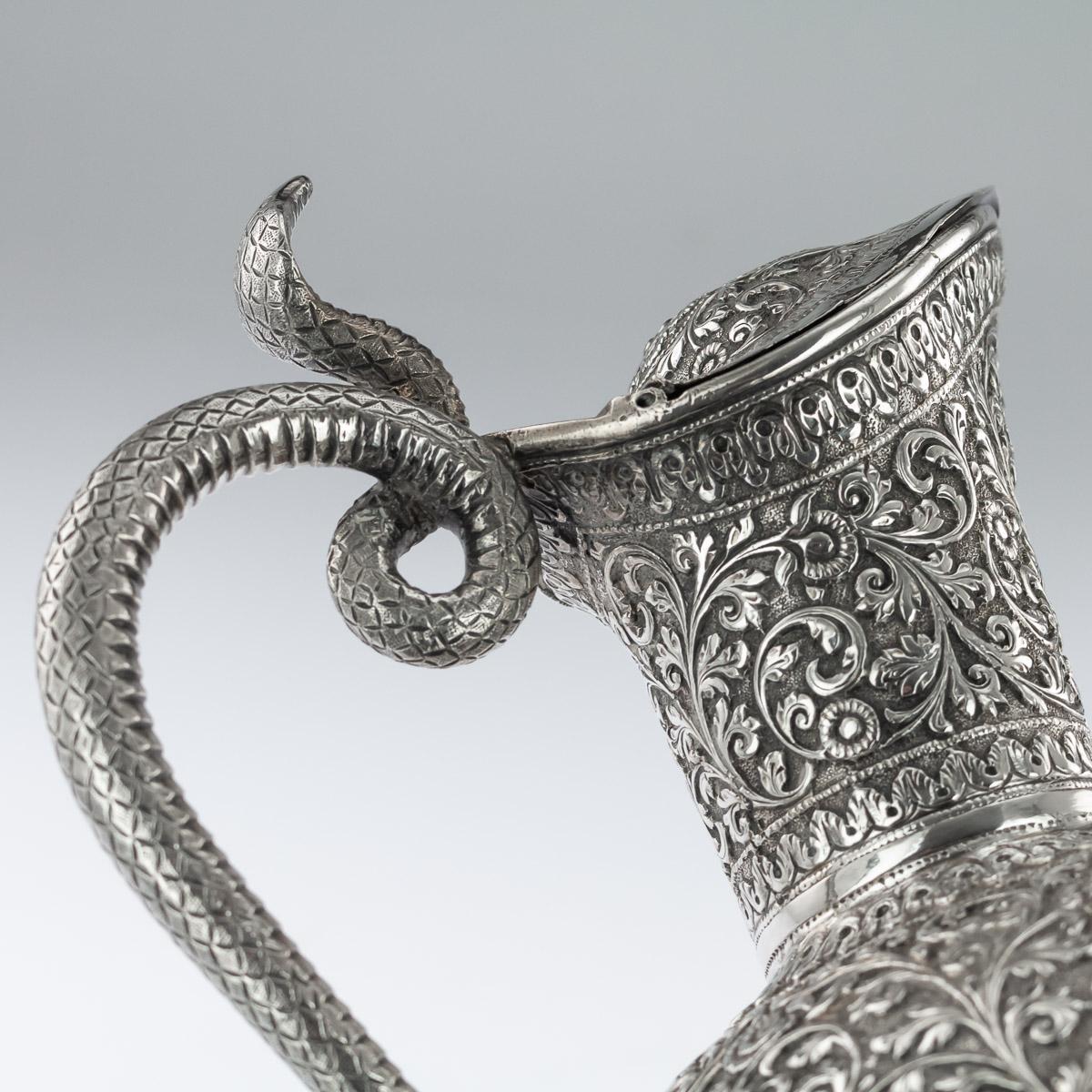 19th Century Indian Cutch Solid Silver Snake Ewer Wine Jug, circa 1880 5