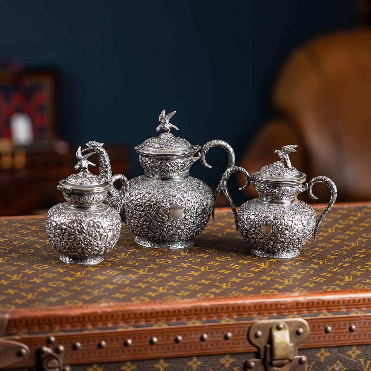 19th Century Indian Cutch Solid Silver Three Piece Tea Set, V Kishore c.1890 16