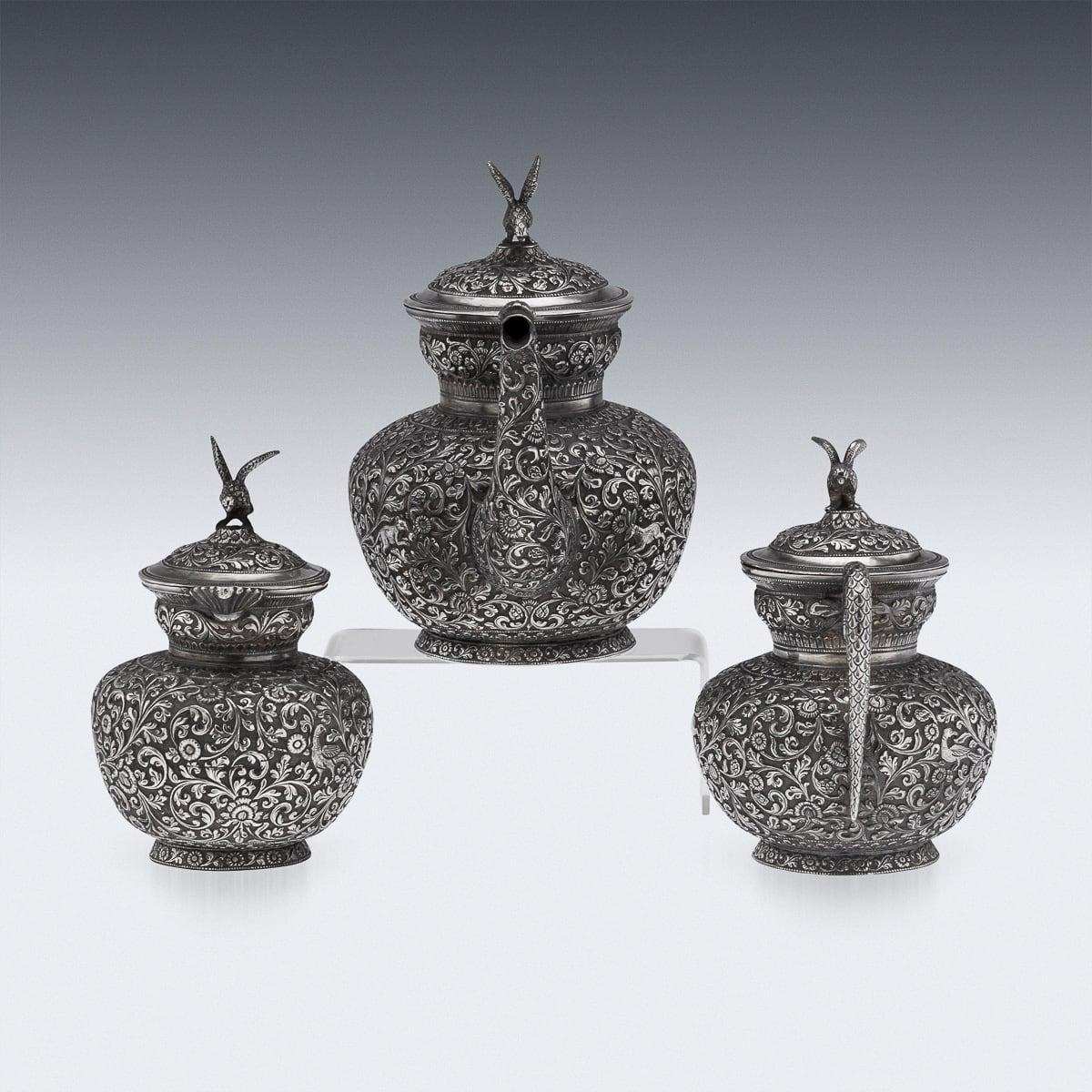 19th Century Indian Cutch Solid Silver Three Piece Tea Set, V Kishore c.1890 In Good Condition In Royal Tunbridge Wells, Kent