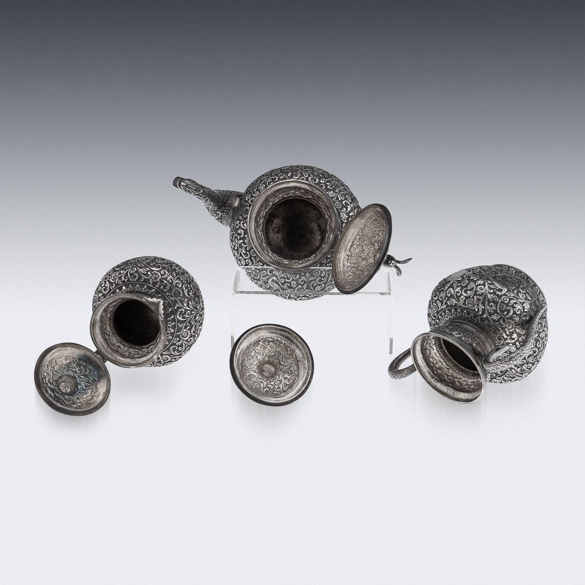 19th Century Indian Cutch Solid Silver Three Piece Tea Set, V Kishore c.1890 2