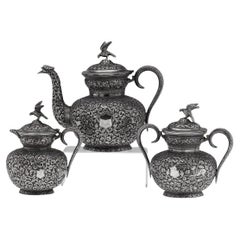 19th Century Indian Cutch Solid Silver Three Piece Tea Set, V Kishore c.1890