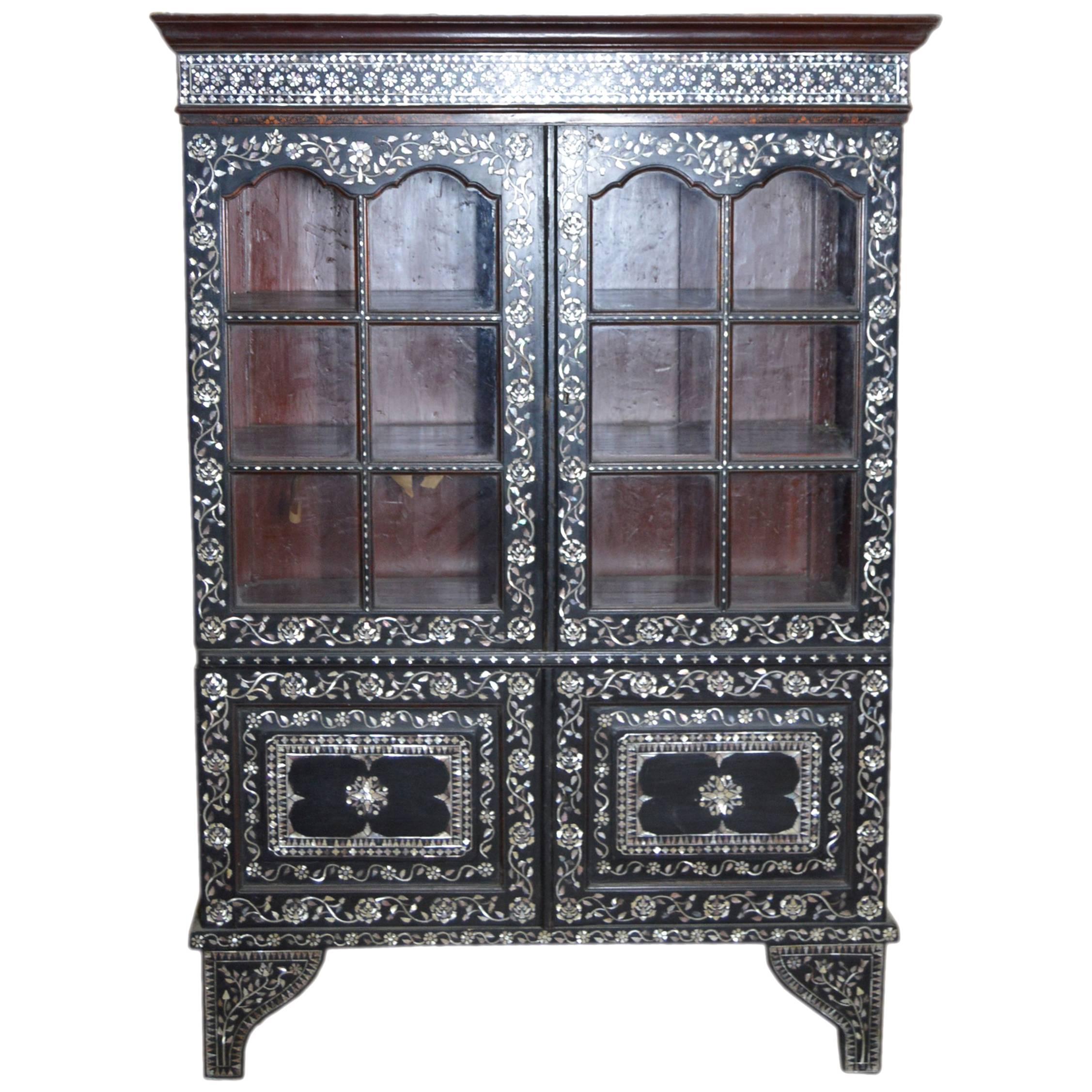 19th Century Indian Ebonized Wood Cabinet with Mother-of-Pearl Inlay and Glass
