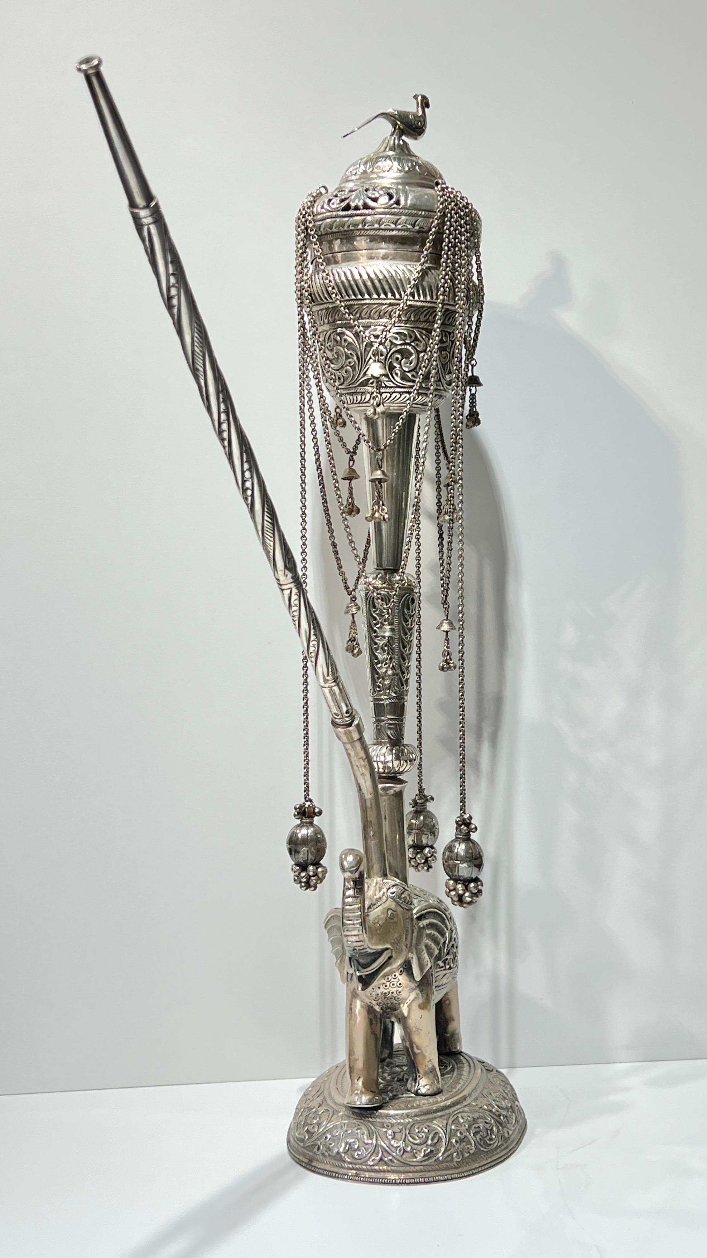 Indian silver hookah (huqqa), 21.5 in (54.6 cm) tall, featuring the finely sculpted figure of a elephant measuring 21 1/2 inches tall and weighing approximately 1,500 grams.  Apparently unsigned.