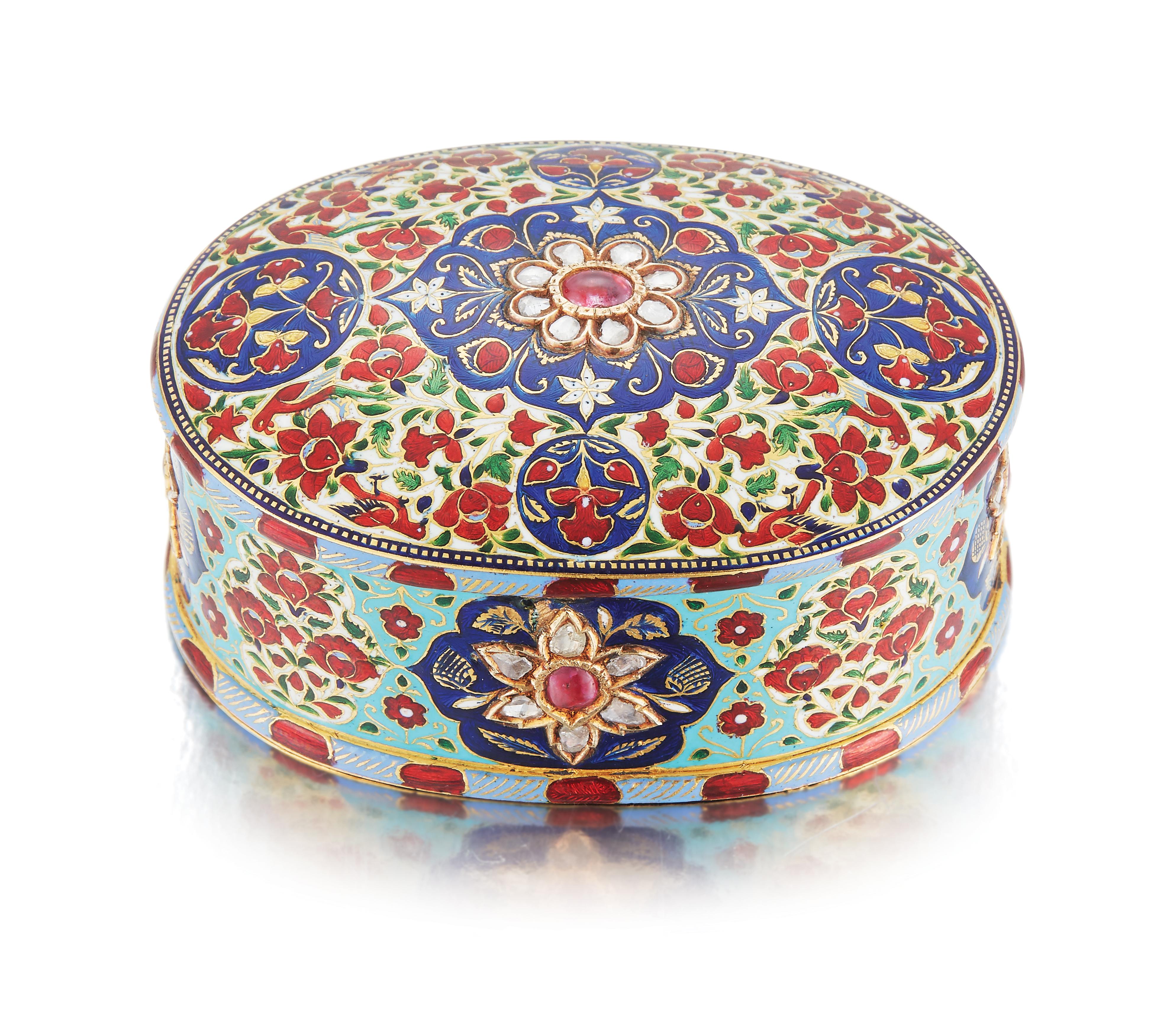 19th century Indian enamel gold box

Set with polki diamonds

Dimensions: approximately 2.63 x 1.88 inches

Weight: 175.7 grams

Circa 1850.
